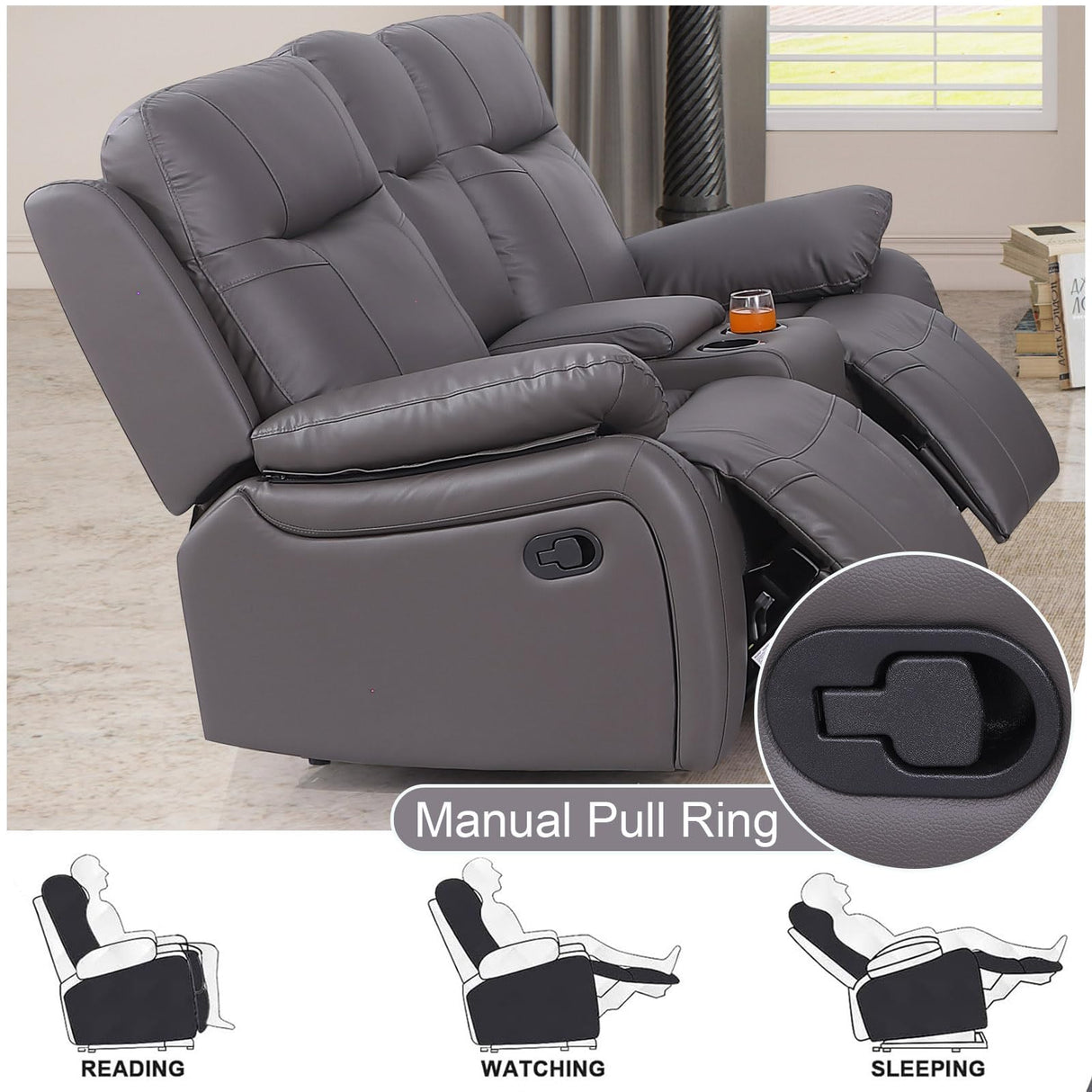 Manual Recliner Sofa Set Furniture for Living Room, Leather Reclining Sofa, Home Theater Seating 3 Pcs Included Recliner Chair, Reclining Loveseat and 3 Seater Sofa with Console Storage (1+2+3), Gray poplarbox