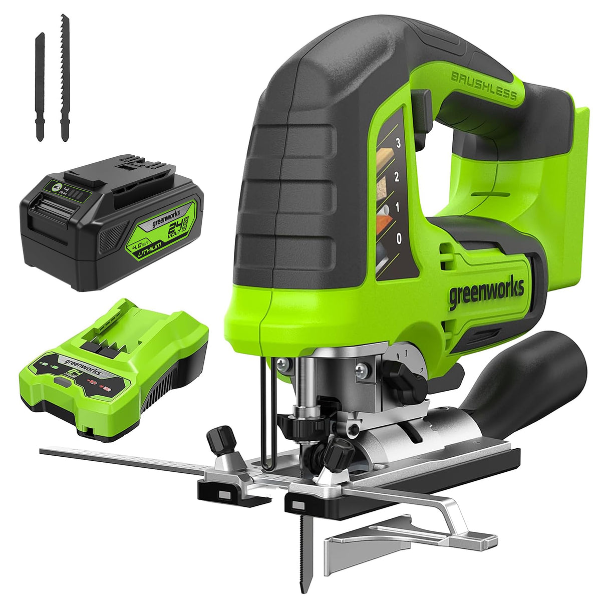 Greenworks 24V Jig Saw,Brushless 1 Inch Jigsaw,3000 SPM,45° Cutting Angle,4 settings Orbital Motion,24V Charger and 4Ah USB Battery Greenworks