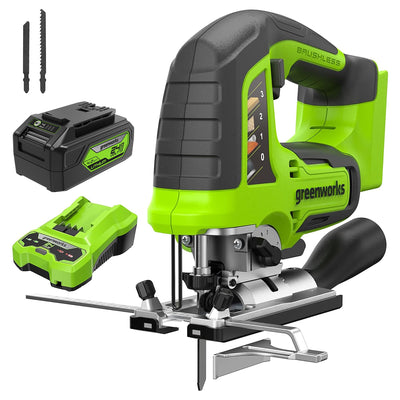 Greenworks 24V Jig Saw,Brushless 1 Inch Jigsaw,3000 SPM,45° Cutting Angle,4 settings Orbital Motion,24V Charger and 4Ah USB Battery