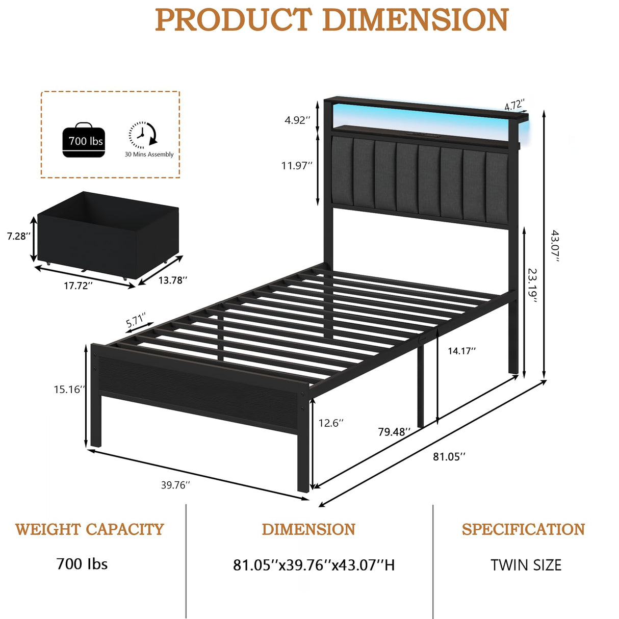 Furnulem Twin Bed Frames with Charging Station and LED Lights, Grey Upholstered Headboard with Shelves, Metal Platform Bed with 2 Under-Bed Storage (Fabric Drawer on Wheels), No Box Spring Needed Furnulem