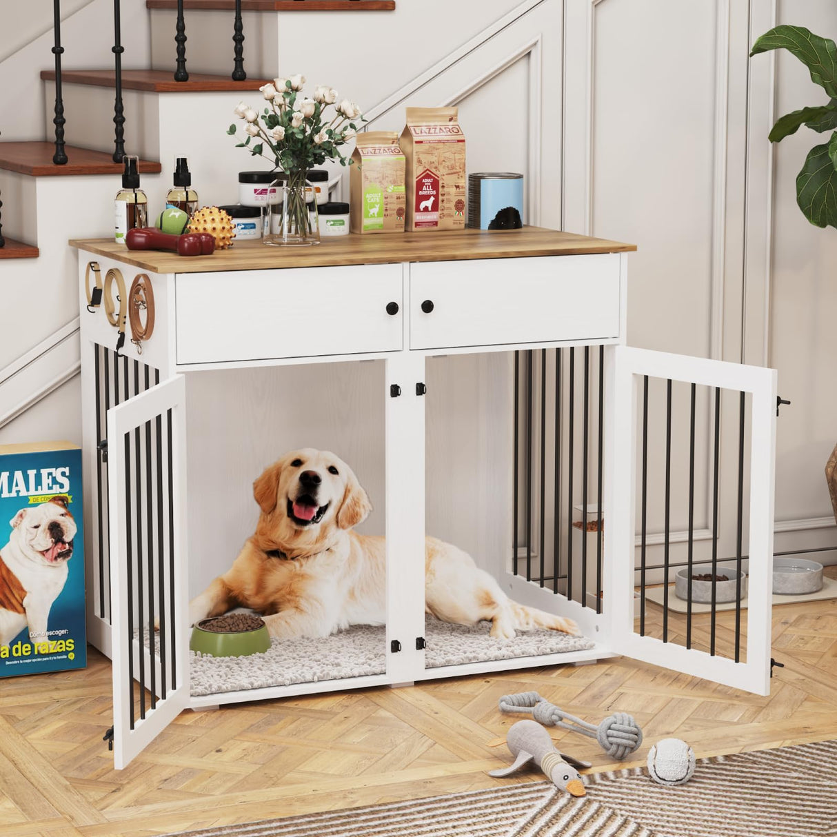 HXBOAUVS Large Dog Crate Furniture, 41 Inch Dog Kennel Indoor with Removable Divider & Double Doors, Wooden Dog Crates for 2 Dogs, Dog Crate Table for Large/Medium Dogs, White HXBOAUVS