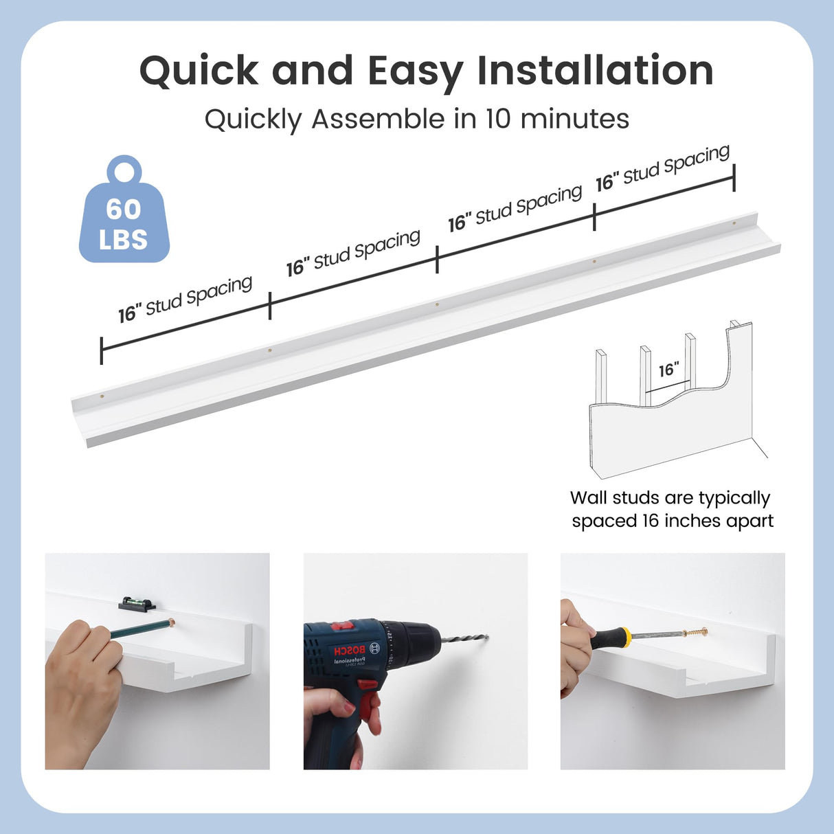 FLYJOE 72'' Solid Pine Wood Floating Picture Ledge Shelf Set of 2 in White for Kids' Room and Home Decor FLYJOE