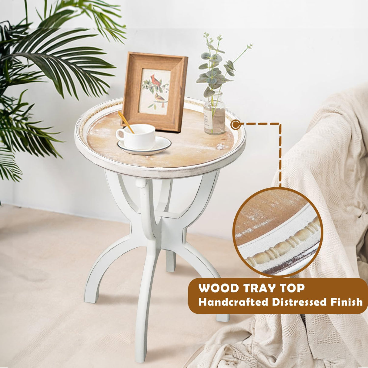 HCODCIBA Farmhouse End Table with Carved Tray Top,Small Round Side Table with Curved Legs,Retro Bedside Table Rustic Accent Table for Living Room,Bedroom HCODCIBA