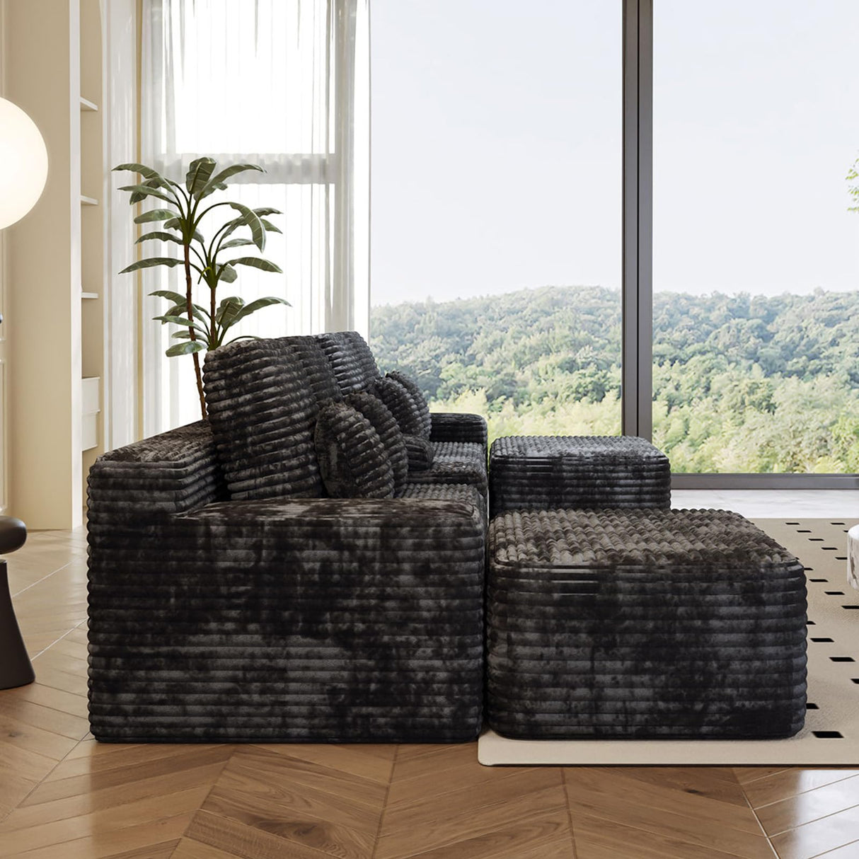 ONEMMLION Cloud Couch Sectional Modular Sofa, 151" Comfy Boneless Couches for Living Room, Oversized U Shape Plush Corduroy Couch Sectional with Console Bluetooth Speaker USB Port Cup Holder, Black ONEMMLION