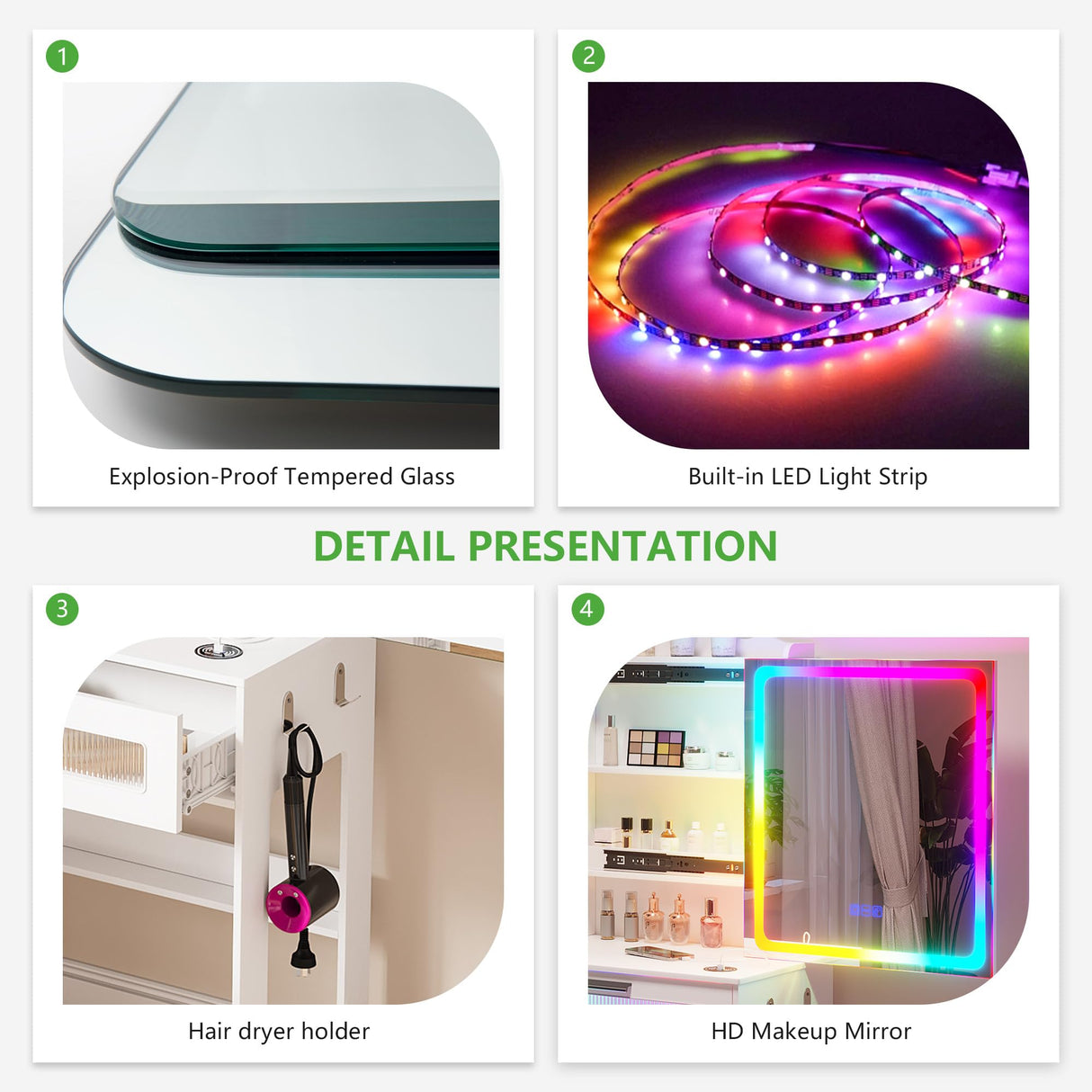 HNEBC Vanity Desk with Sliding Mirror and LED Lights, RGB Vanitys with Charging Station, Makeup Vanity with Remote Control, White Dresser with Stool/Lager Drawers for Bedroom (White) HNEBC