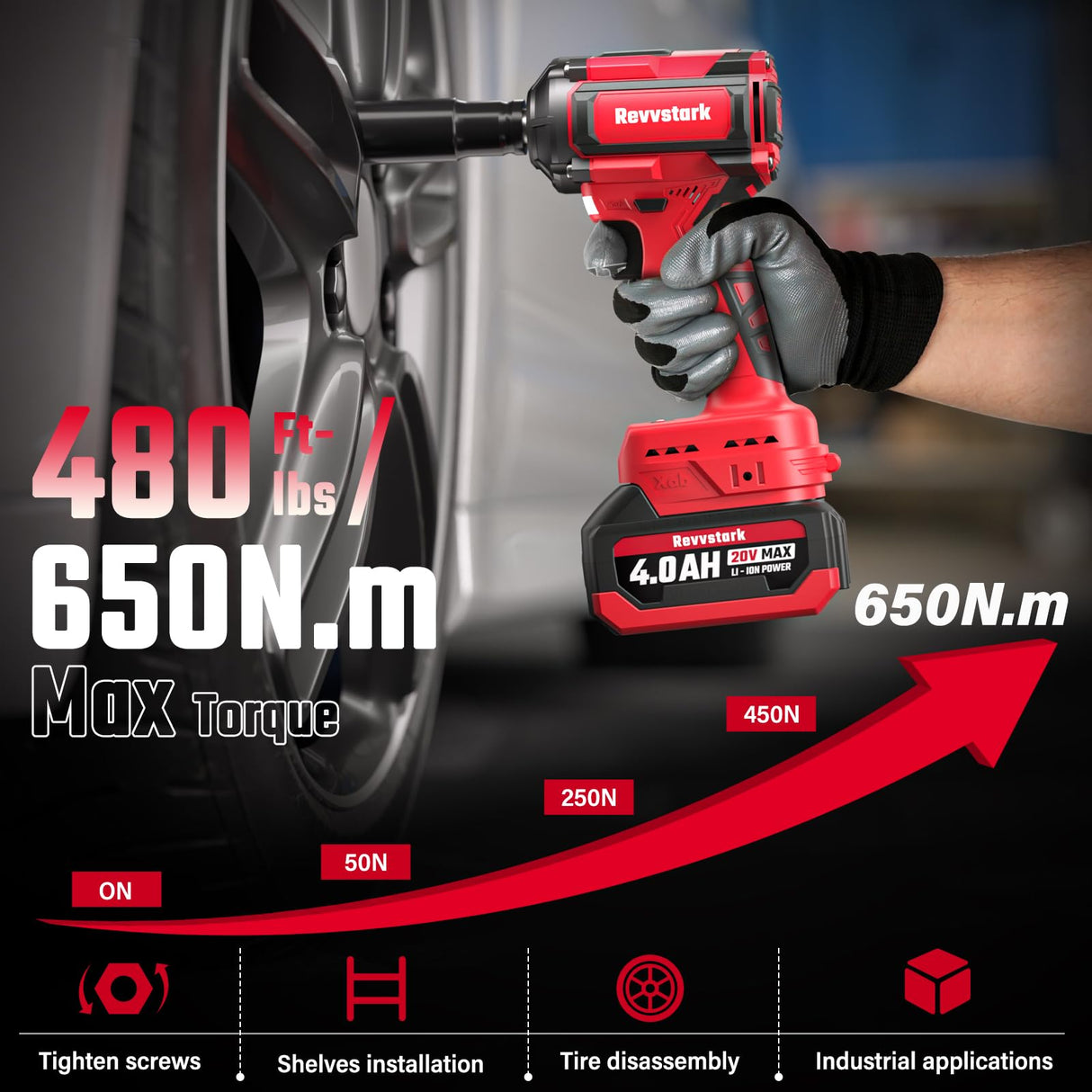 Revvstark Impact Wrench, Max Torque 480 Ft-lbs / 650N.m Cordless 1/2 Impact Driver, 20V 3000RPM Power Impact Gun with 4.0Ah Li-ion Battery and 1.5H Fast Charger, 5 Pcs Impact Sockets Included Revvstark