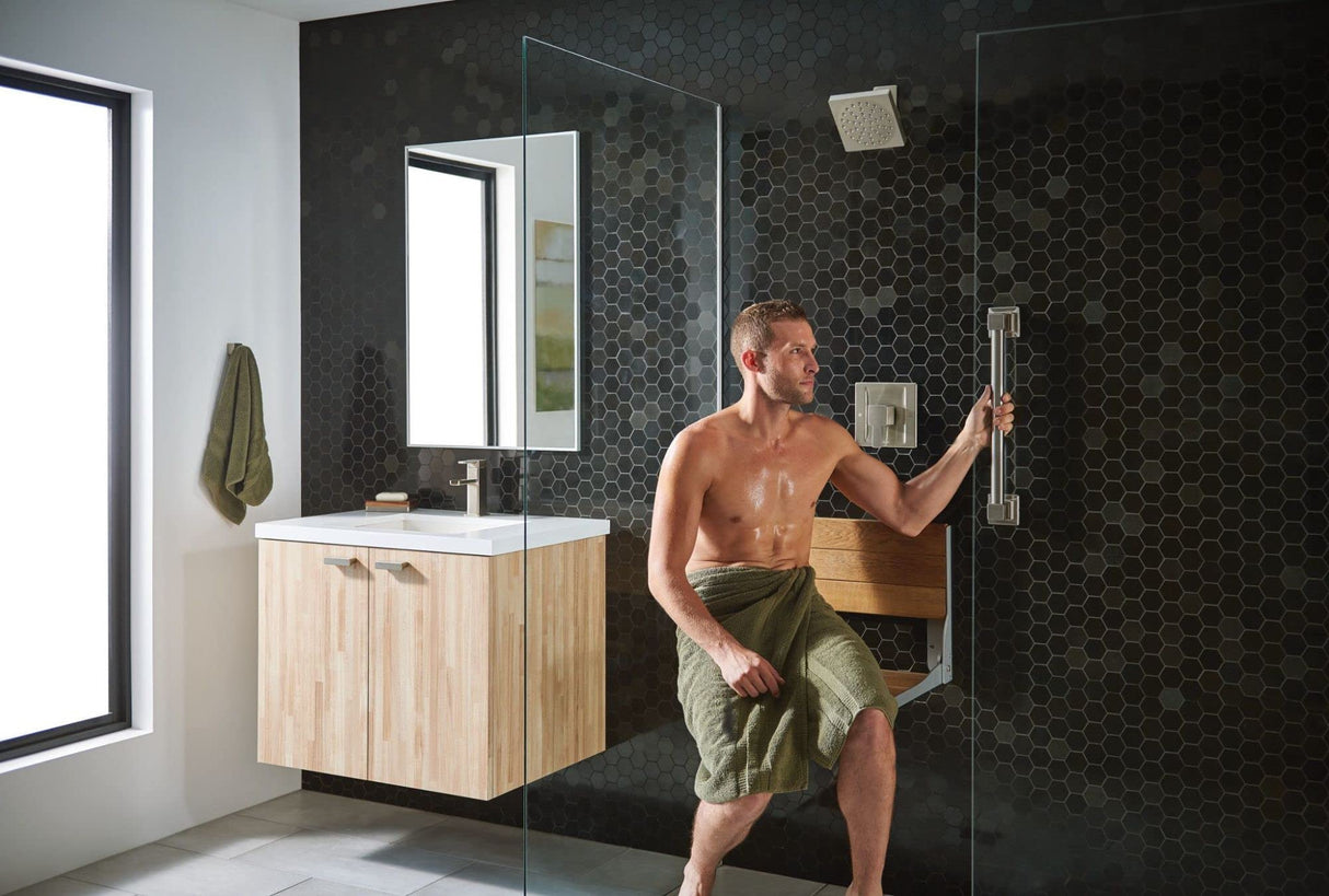 Moen Bath Safety Furniture Wood Home Care Teak Wood Aluminum Folding Shower Seat, Wall Mounted Shower Bench, DN7110 Moen