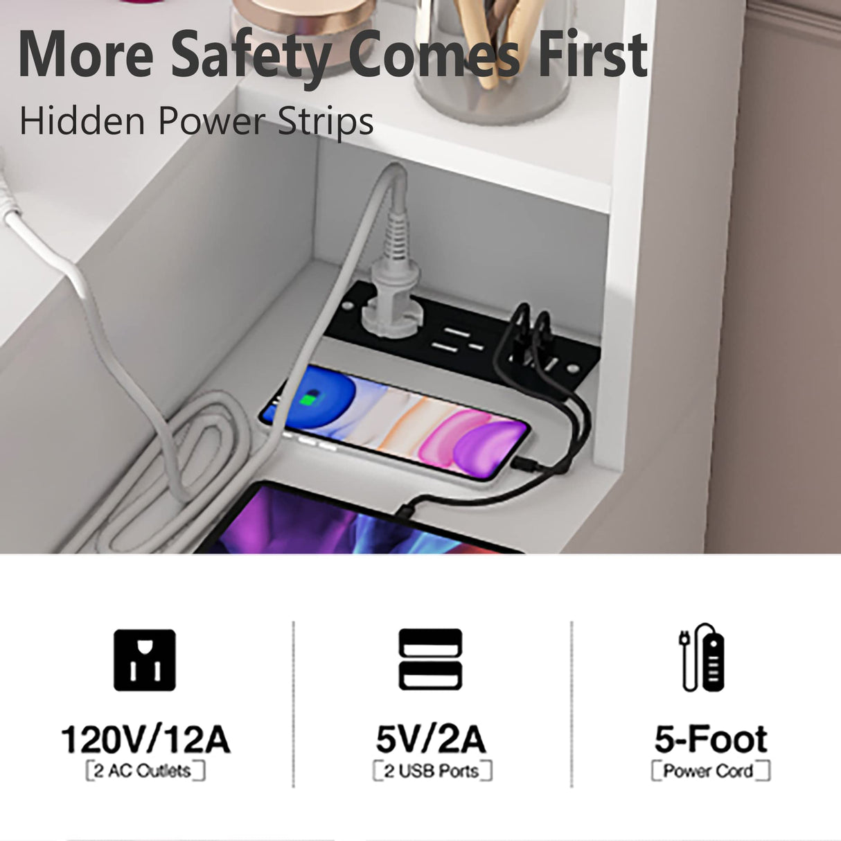 PAKASEPT Vanity Set with Lighted Mirror, 43'' Makeup Vanity with Charging Station, Vanity Desk with 9PCS LED Bulb, Storage Shelves, 7 Drawers for Bedroom(No Stool) PAKASEPT