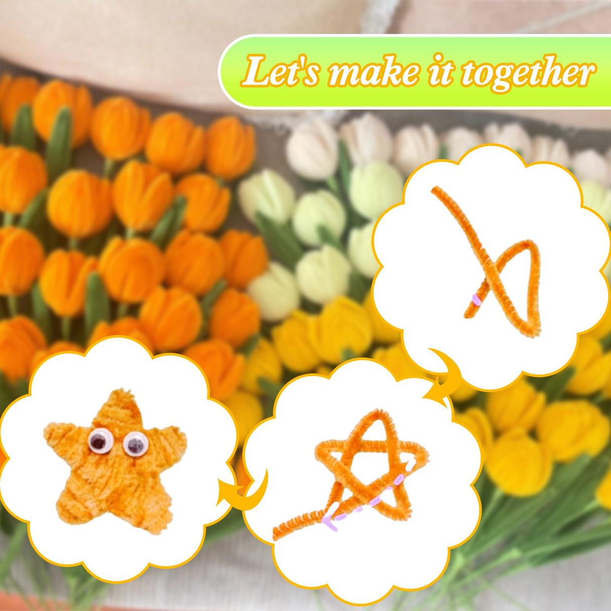 URSDIART 311pcs Pipe Cleaners Flowers Kit,300pcs Yellow Pipe Cleaners Crafts Chenille Stems Bulk 10 Flower Stems Green Tape, Art and Craft Projects Supplies for Flowers, Classroom Project,Decoration URSDIART