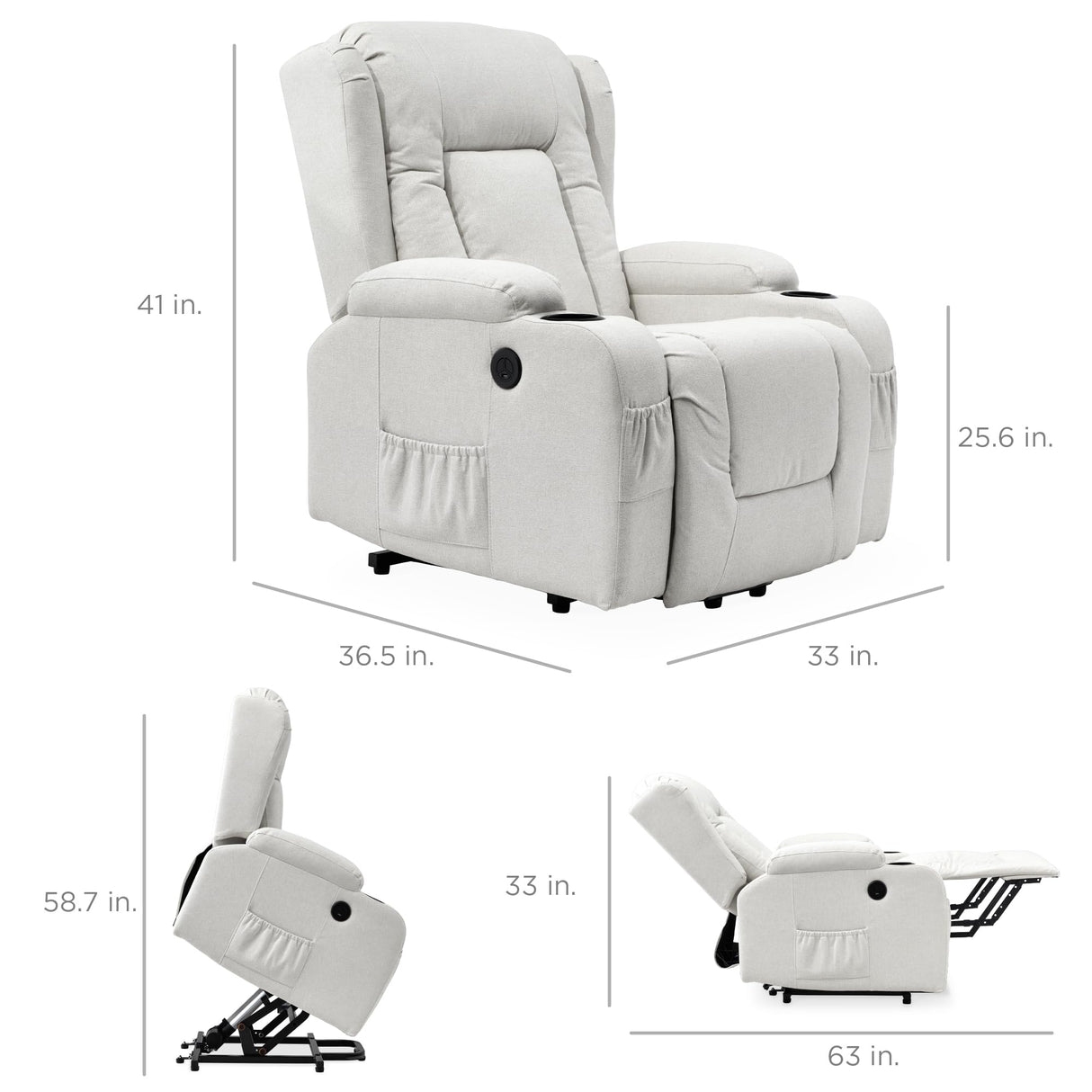 Best Choice Products Modern Linen Electric Power Lift Chair, Recliner Massage Chair, Adjustable Furniture for Back, Legs w/ 3 Positions, USB Port, Heat, Cupholders, Easy-to-Reach Button - Ivory Best Choice Products