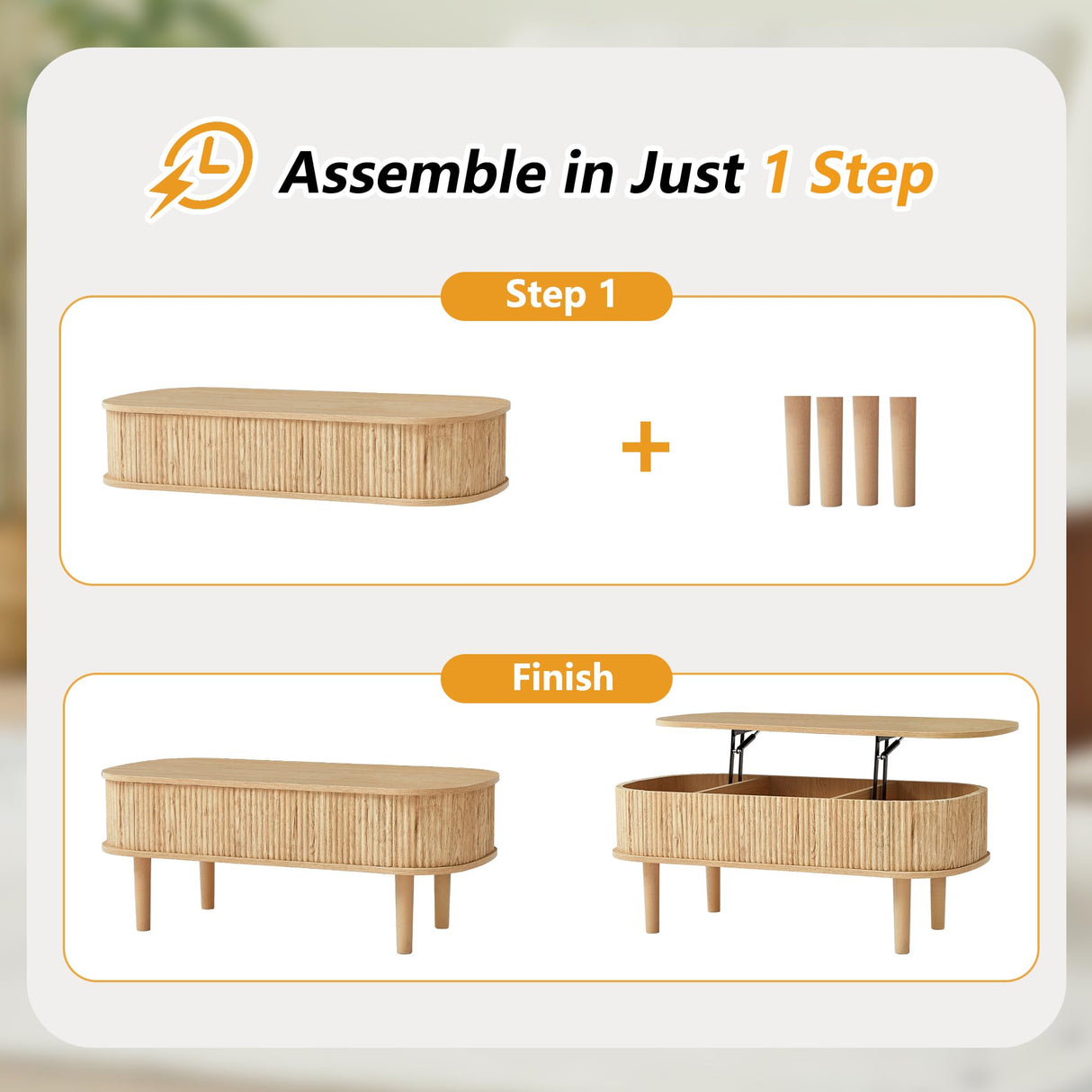 Fluted Lift Top Coffee Table with Hidden Compartment, Fully Assembled Wooden Center Table, Modern Oval Lift Tabletop for Home Living Room Office, Natural ORRD