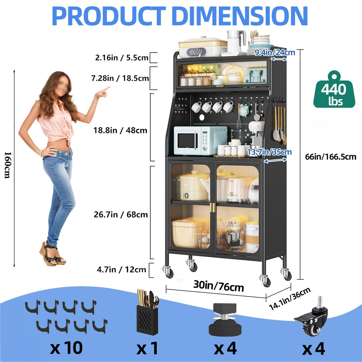 haiorjun Bakers Rack with Storage Cabinet, 66" Tall Kitchen Pantry Cabinet with Microwave Stand, Wheels, Doors and Metal Pegboard Panels for Living Room, Dining Room,Black haiorjun