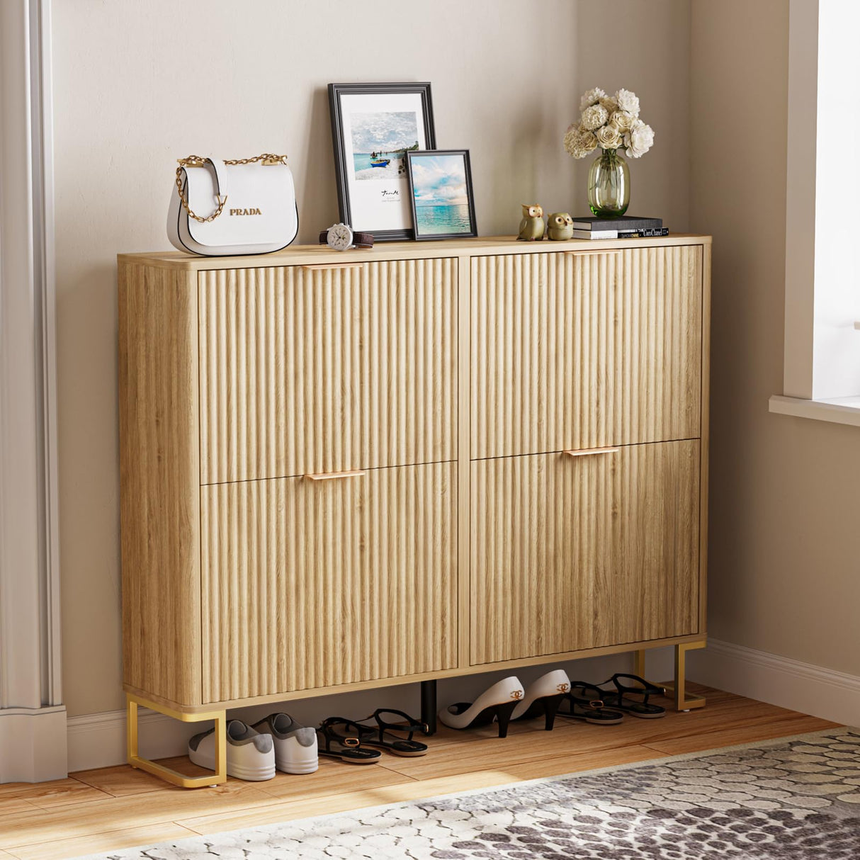 DAMCROP Fluted Shoe Cabinet Storage with 4 Flip Drawers, Wood Narrow Hidden Shoe Cabinet with Metal Legs & Adjustable Shelf for Entryway, Freestanding Slim Shoe Rack Organizer for Hallway Living Room DAMCROP