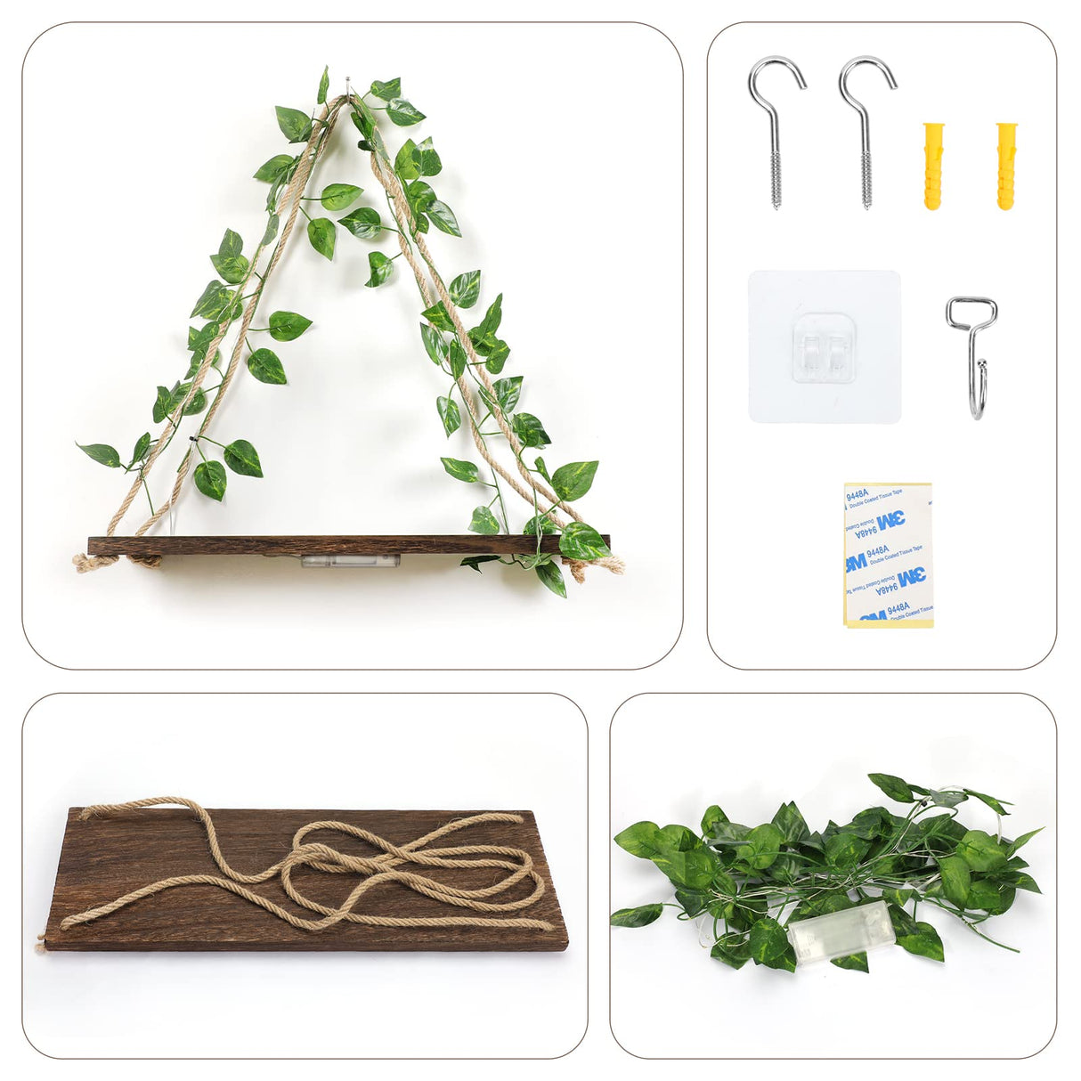 JOPSTDI Floating Shelves,Plant Wall Decor,Wall Shelf,No Drill Shelves,Decorative Leaves and Light Strip,Set of 2 Plant Shelf,Easter for Decorating,Gift(Green Leaf) JOPSTDI