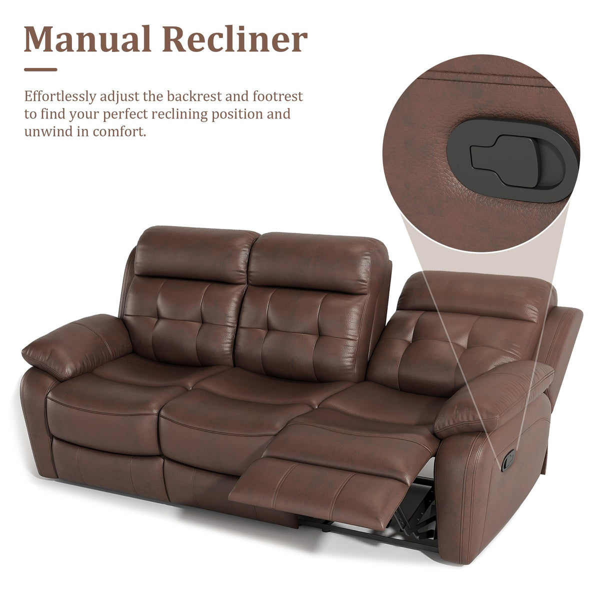 Olodumare Genuine Leather Manual Reclining Sofa with Console, Drop Down Table, Cup Holders and Magazine Bag, 3-Seater Recliner, Mid-Century, for Living Room, Bedroom, Recreation Room-Brown Olodumare