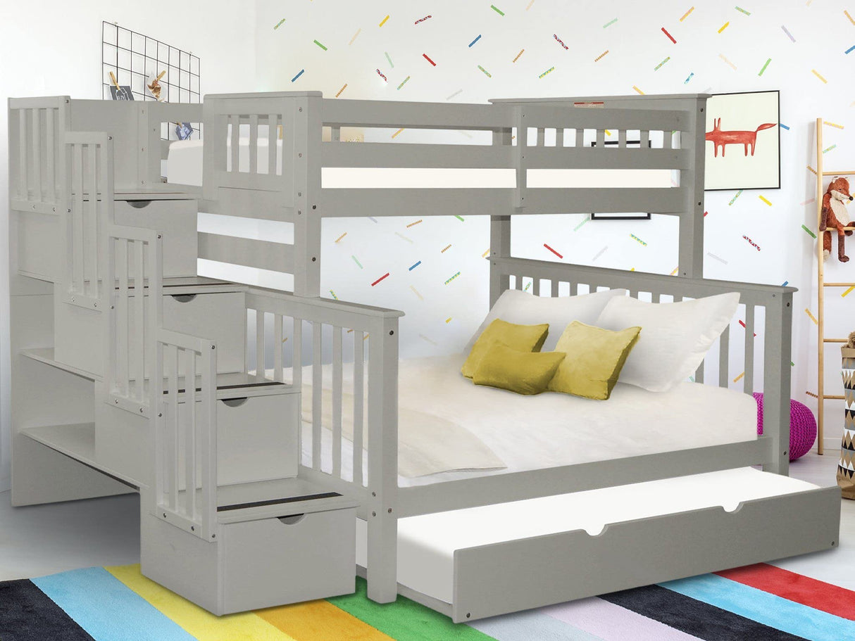 Bedz King Stairway Bunk Beds Twin over Full with 4 Drawers in the Steps and a Twin Trundle, Gray Bedz King