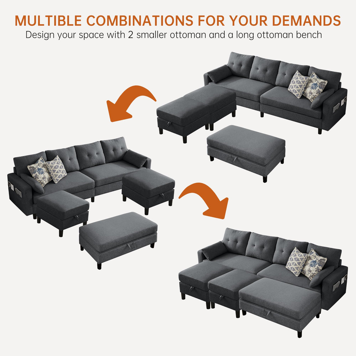Convertible Sectional Sleeper Sofa with Storages, 100" U Shaped 4 Seater Couch with 2 Movable Ottomans and 1 Ottoman Bench Polyester Fibre for Living Room, Dark Grey Soscana