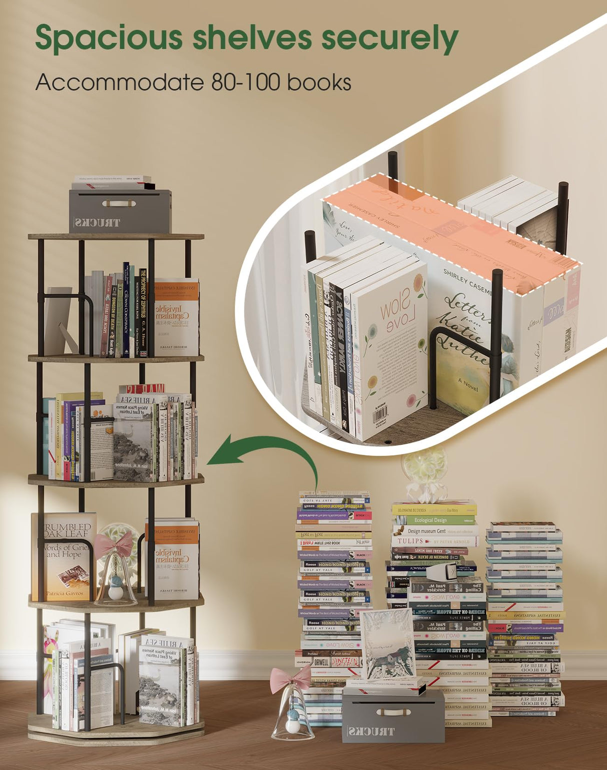 HOVANESTY Rotating Bookshelf, Spinning Bookshelf, 4 Tier 360 Display Freestanding Wood Rotating Bookcase for Kids Room, Living Room, Office, Bedroom, Study Room HOVANESTY