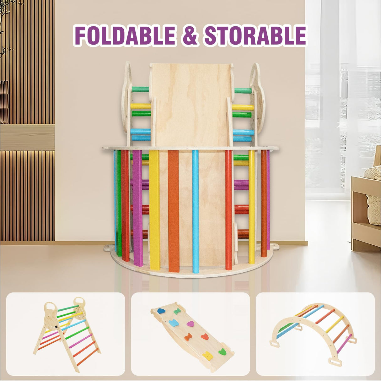 7in1 Rainbow Pikler Triangle Set Foldable Montessori Climber, Wooden Climbing Toys with Sliding Ramp&Arch Rocker for Kids,Climbing Indoor Playground Set for Toddlers Volscity
