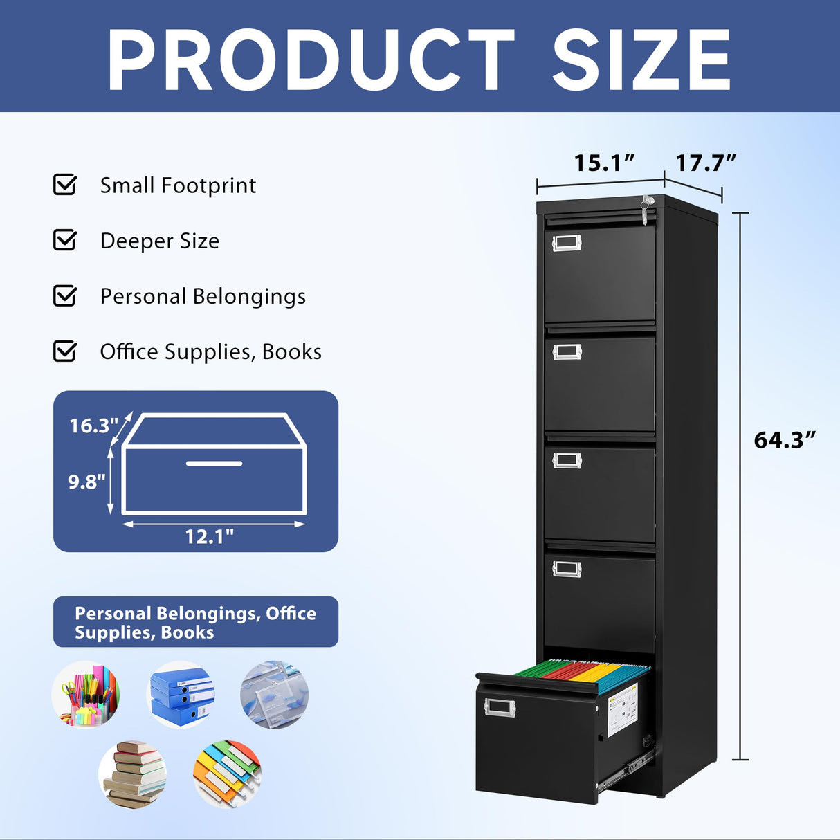 Anxxsu 5 Drawer File Cabinet, Filing Cabinets for Home Office, Vertical File Cabinet with Lock, 64.3" H Locking File Cabinet for A4 Legal/Letter, Assembly Required (Black) Anxxsu