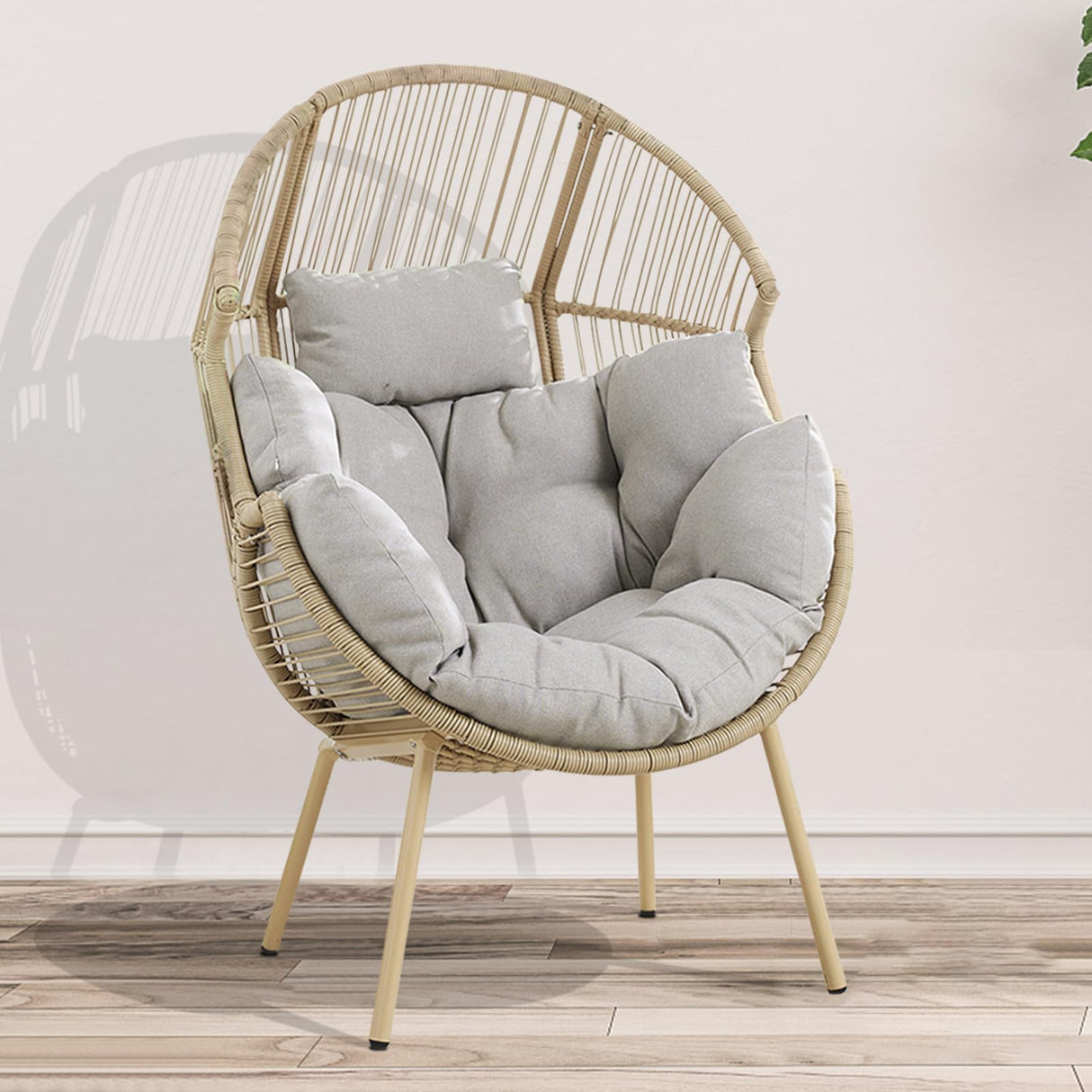Egg Chair Outdoor Basket Chairs - Wicker Patio Cuddle Chair with Cushions Rattan Tear Drop Egg Chair for Indoor Bedroom Outside Porch Deck Backyard Garden(Yellow/Beige) Pugire