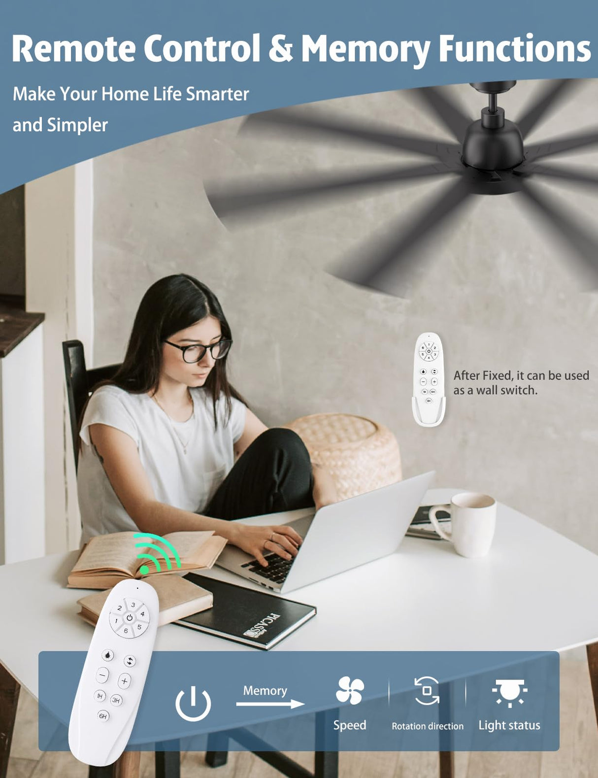 Autoday 72 Inch Large Ceiling Fans with Lights and Remote - Wood/Matte Black Ceiling Fan, Quiet DC Motor, 3 CCT, Modern Dimmable LED Lighting & Large Ceiling Fans for Living Room Patio, Indoor/Outdoor Autoday