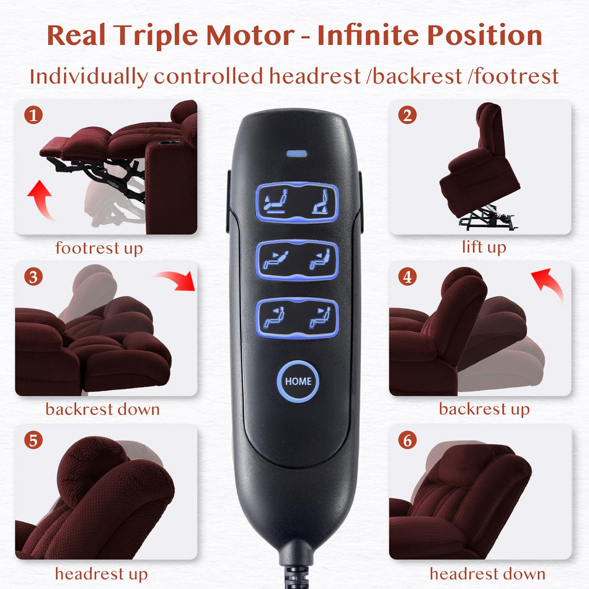 Neioml Triple Motor Large-Wide Lift Chair, Infinite Position, 180° Lay Flat, Power Lift Chairs Recliners for Elderly Big and Tall, Massage & Heat, Extended Footrest, Soft Plush Flannel (Red) Neioml