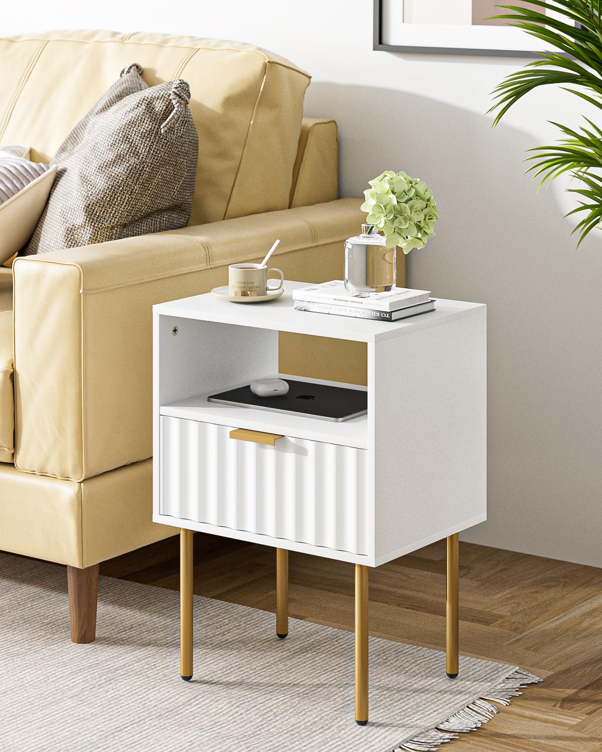 Aienvey Nightstand,Modern Bedside Table with Gold Frame,White Night Stand,Bedside Furniture, Modern Side Table with Drawer and Shelf for Bedroom,Living Room (White) Aienvey