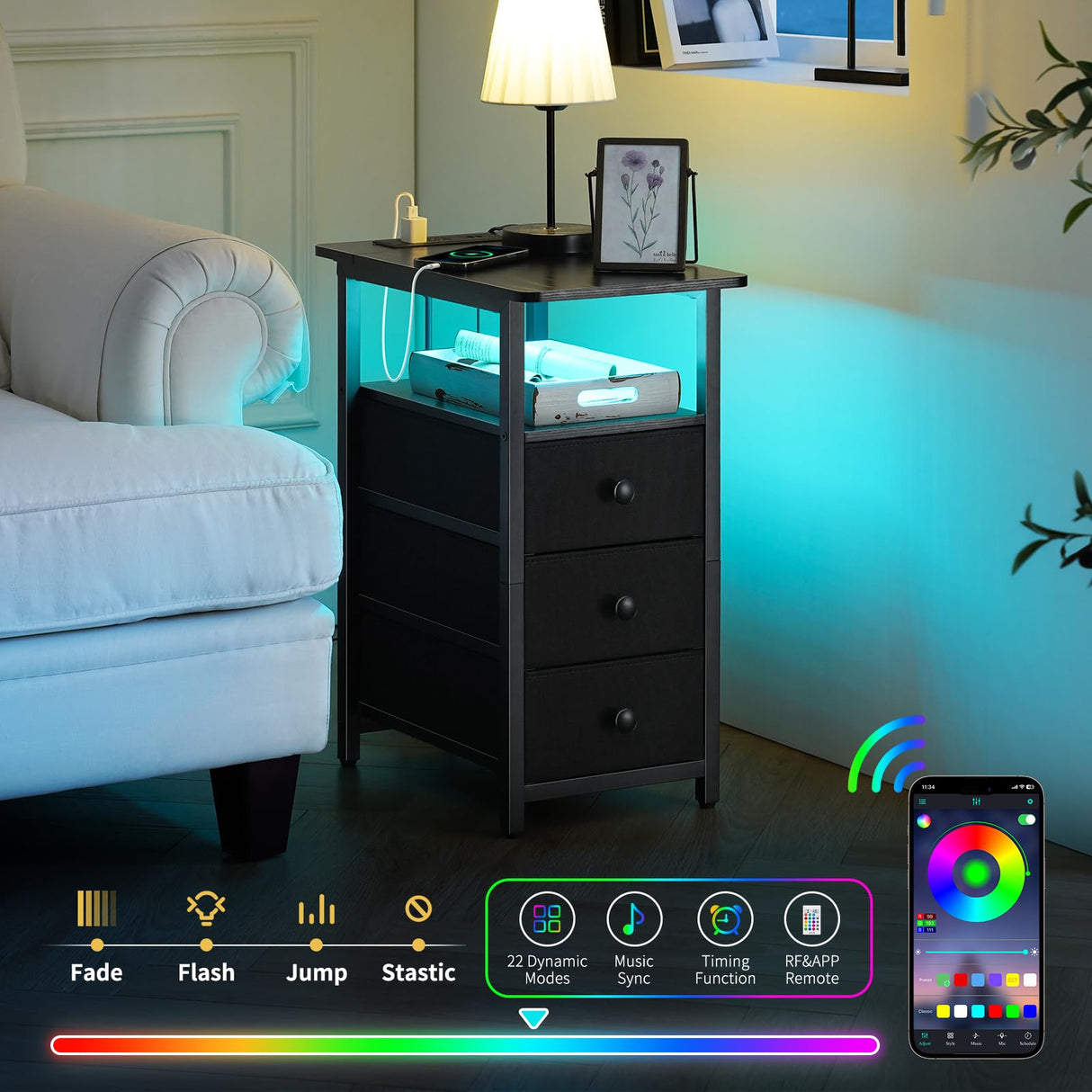 Yoobure End Table with Charging Station, LED Narrow Side Table Bedside Table, Small Night Stand End Tables Living Room, Skinny Nightstand with 3 Fabric Drawers, Side Tables Bedroom for Small Spaces Yoobure