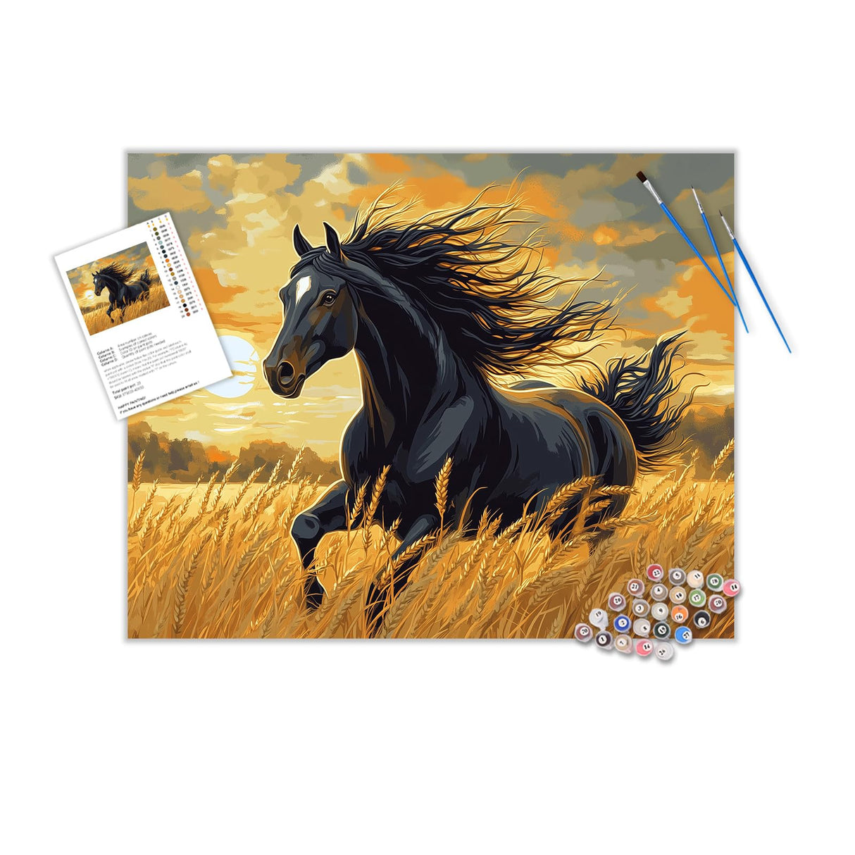 Horse Running in the Wheat Field Paint by Numbers Kit for Adults Beginner, Black Horses in Sunset Scenery Paint by Numbers, Horse with Flying Mane Oil Painting for Home Decor(16×20inch, Unframe) ARNLRDYA