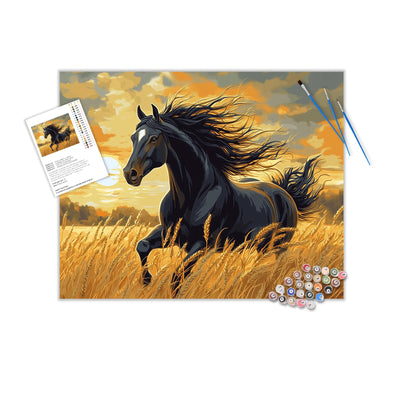Horse Running in the Wheat Field Paint by Numbers Kit for Adults Beginner, Black Horses in Sunset Scenery Paint by Numbers, Horse with Flying Mane Oil Painting for Home Decor(16×20inch, Unframe)