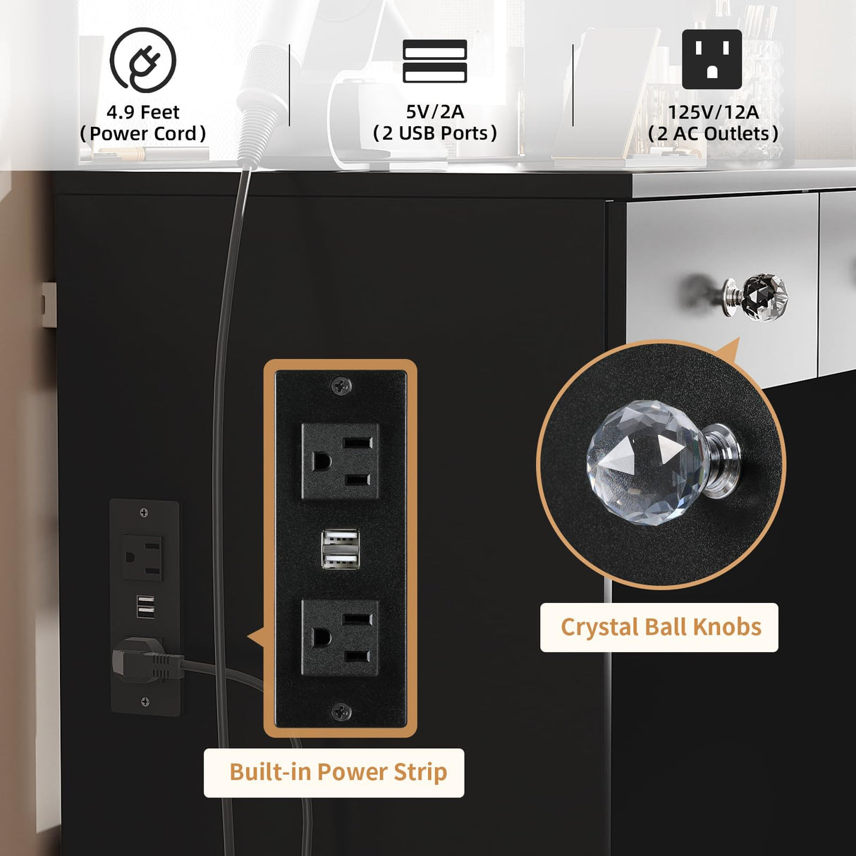 VOWNER Vanity with Lighted Mirror - 47" Makeup Vanity Desk with 7 Drawers, 3 Storage Shelves and Outlet, 3 Color Lighting Modes with Adjustable Brightness, Makeup Desk with Stool for Bedroom,Black VOWNER