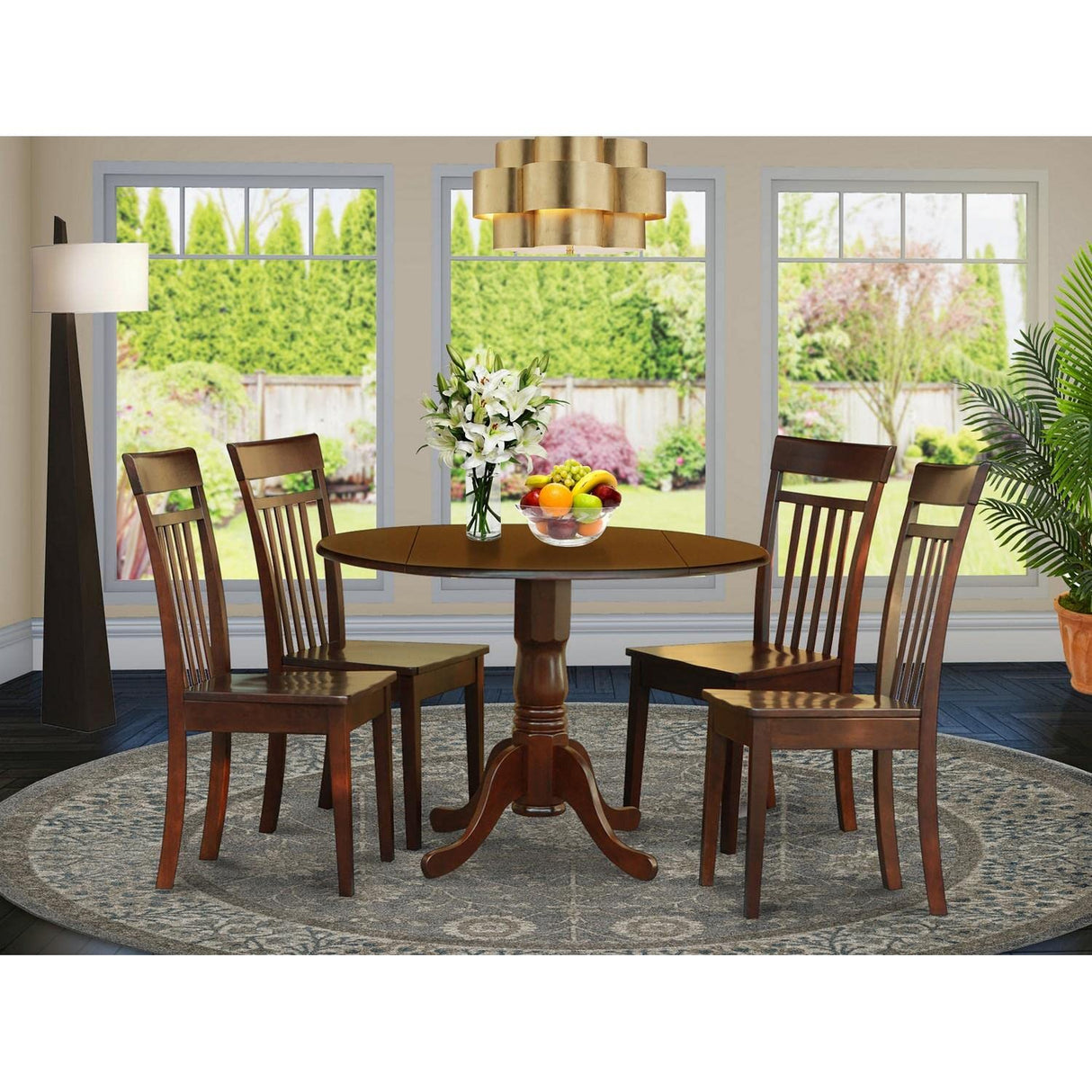East West Furniture DLCA5-MAH-W Dublin 5 Piece Set Includes a Round Dining Room Table with Dropleaf and 4 Wood Seat Chairs, 42x42 Inch, Mahogany East West Furniture