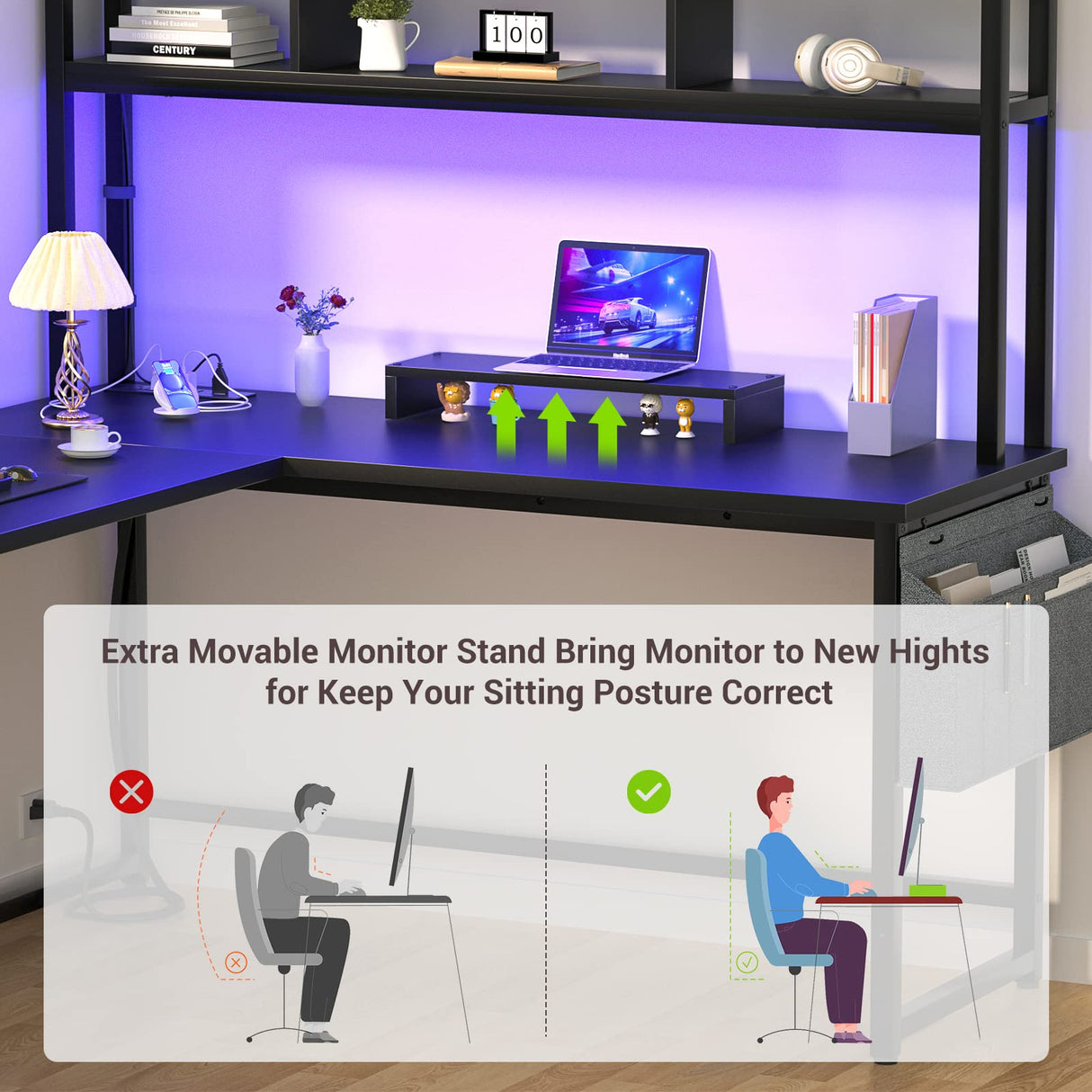 Aheaplus Reversible L-Shaped Desk with Power Outlet, LED Strip, and Storage – Modern Black Gaming & Home Office Solution Aheaplus