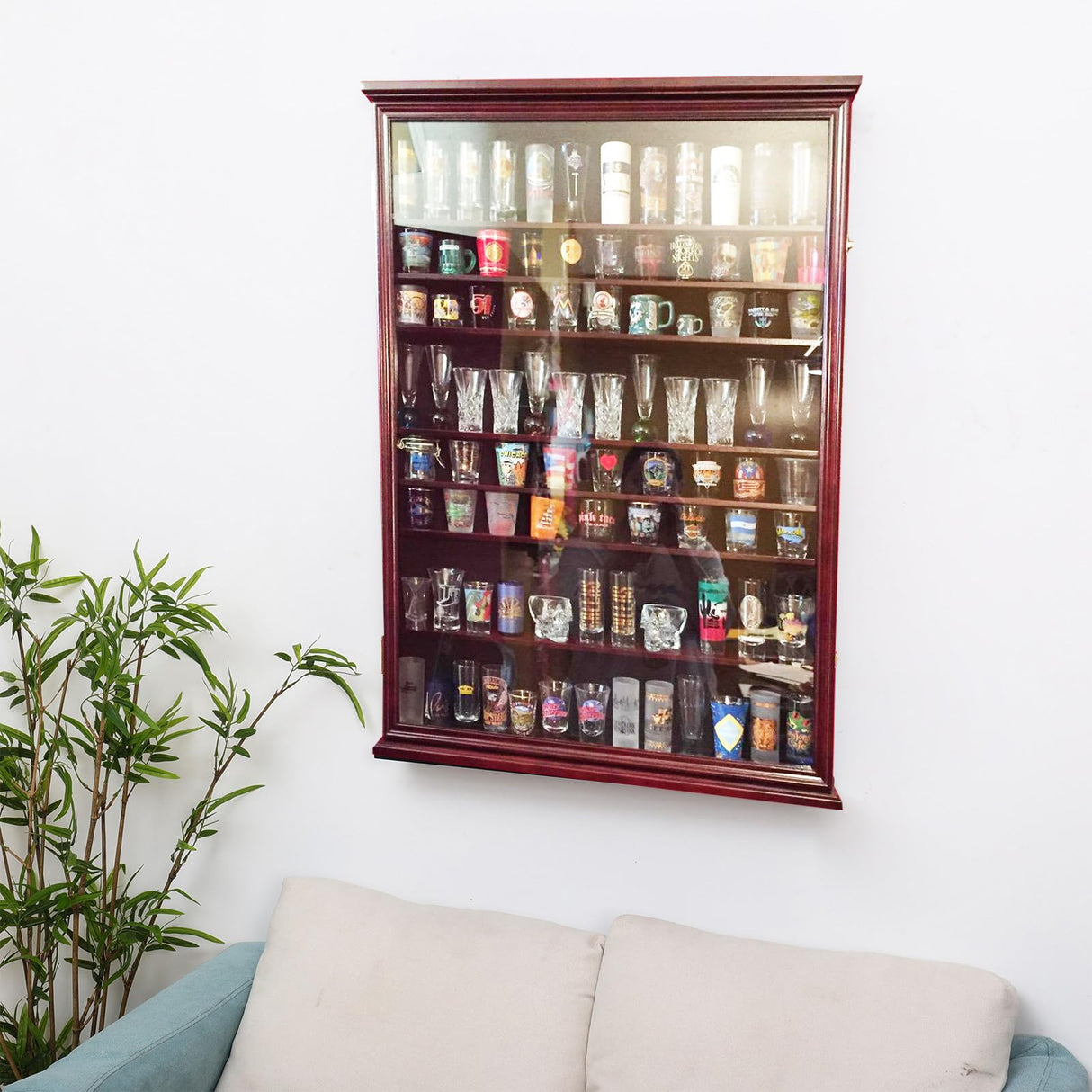 144 Shot Glass Display Case - Large Wall-Mounted Shadow Box with UV Protection, Perfect for Home Decor | Wall-Mounted Cabinet Curio Shadow Box for Action Figures Small Figurines Rack Lockable Door ARRAWIS