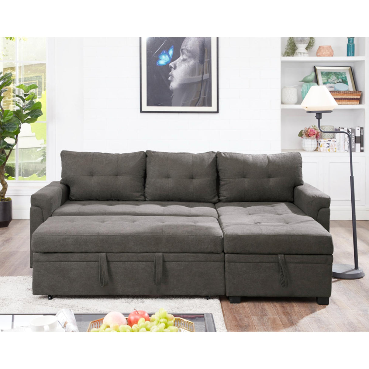 Naomi Home Jenny Tufted Sectional Sofa Sleeper with Storage Chaise, Pull-Out Couch with Storage, Sectional Sofa Bed, L-Shaped Reversible Sleeper Sofa with Storage, Dark Brown, Velvet Naomi Home