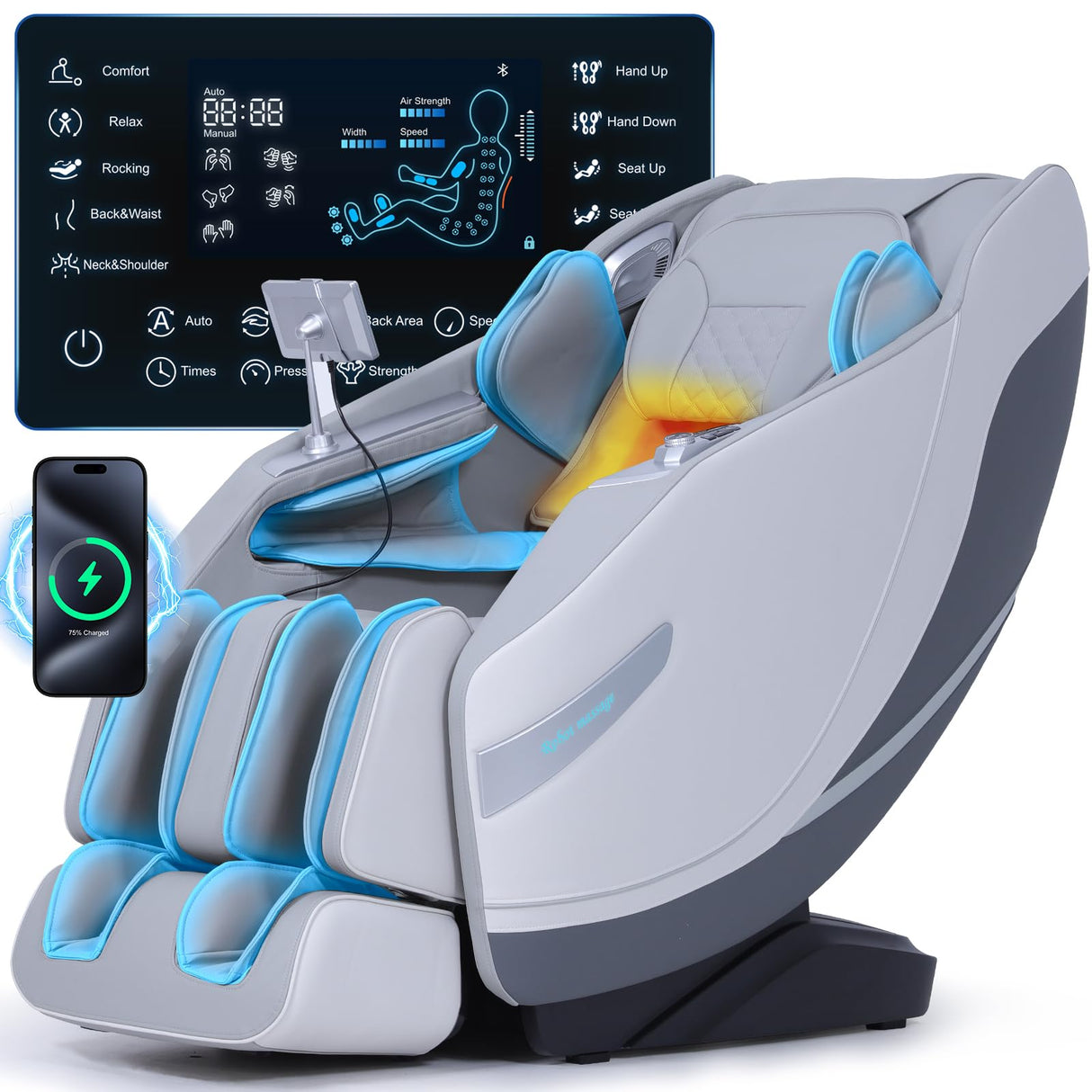Stylish Massage Chair Full Body Zero Gravity Massage Chair Rocking Sleep Mode 3D SL Yoga Stretch Massage with Heat 12+ Modes Upgraded Calf +11cm Wireless Phone Charge Screen Touch Large Size White UIIU