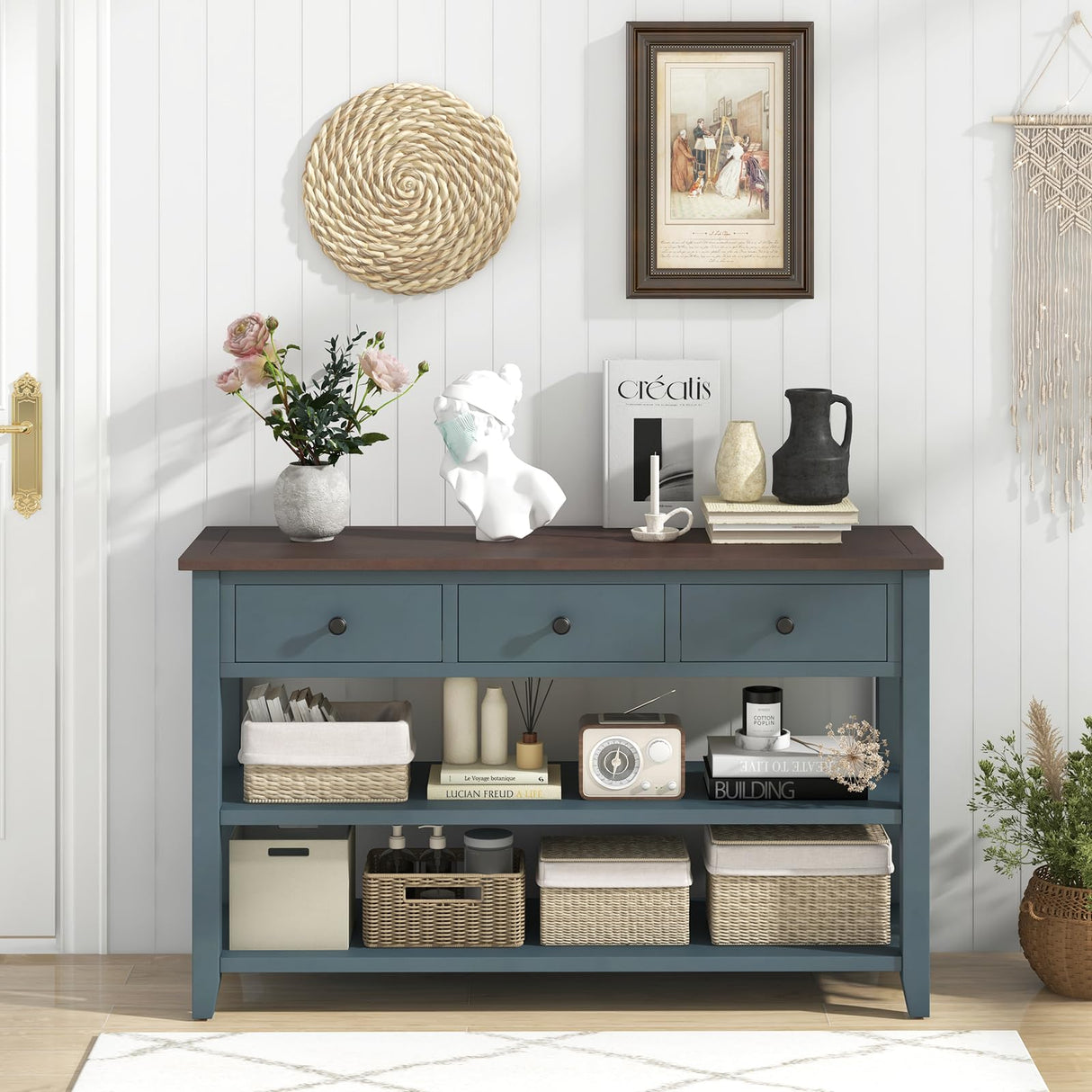 Giantex 50" Farmhouse Entryway Table, Narrow Console Table w/ 3 Storage Drawers & 2 Open Shelves, Wooden Behind Couch Side Table, Long Sofa Table for Living Room, Hallway, Entry Table, Blue & Espresso Giantex