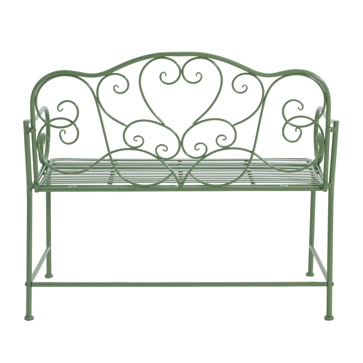 Outdoor Garden Bench, Sturdy Iron 2-Seater with Decorative Backrest, Weather-Resistant Metal Loveseat for Patio, Porch, Lawn, Romantic Green Finish, Ventilated Seat, Easy Maintenance, Matte Green GDFStudio