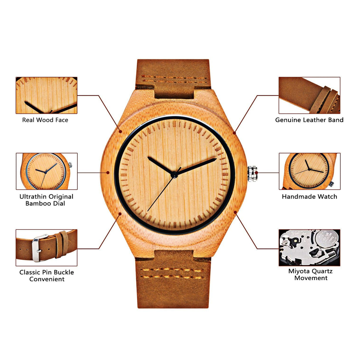 CUCOL Men's Bamboo Wooden Watch with Brown Cowhide Leather Strap Japanese Quartz Movement Casual Watches CUCOL