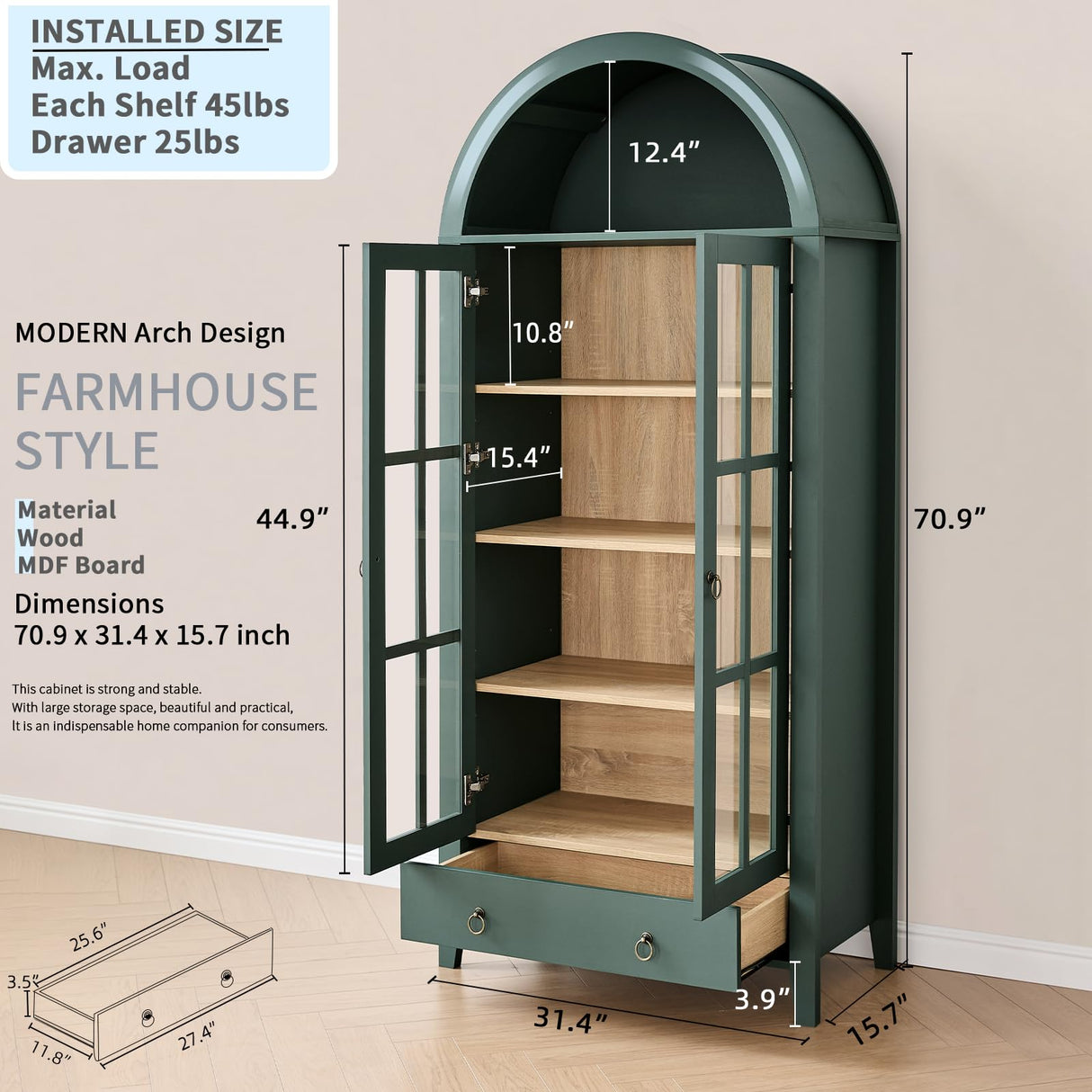 RowyPoey Farmhouse Arched Cabinet with Glass Doors, Wood Display Cabinet with Drawer and Adjustable Shelves, 71” Tall Bookshelf Modern China Storage Kitchen Pantry for Living Room,Office (Green) RowyPoey