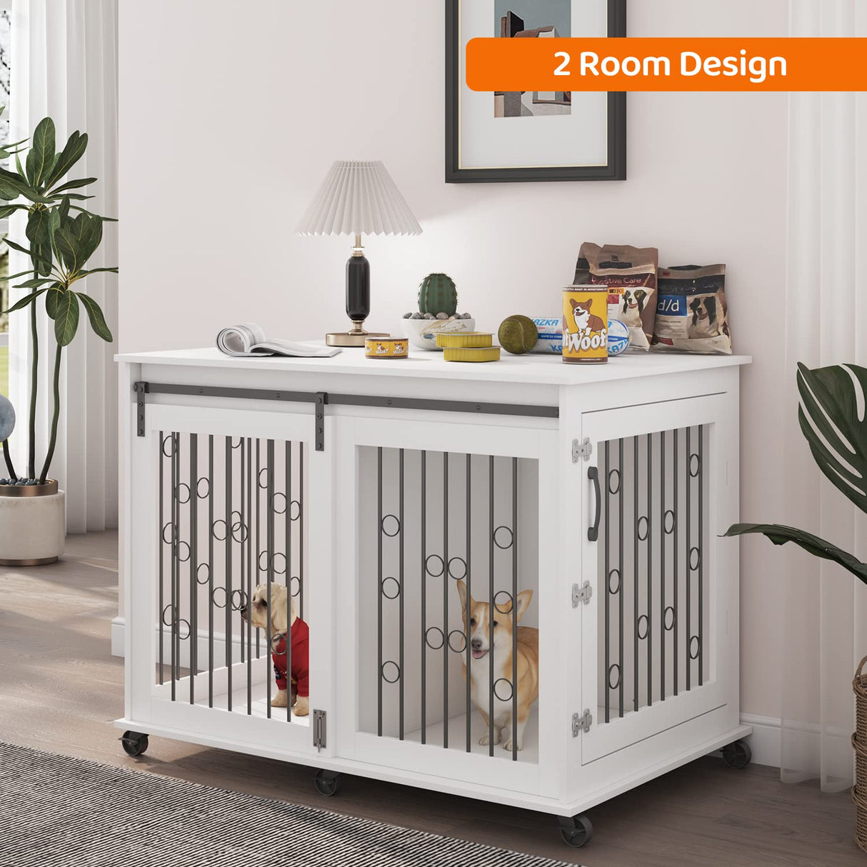 IchbinGo Large Dog Crate Furniture with Sliding Barn Door, 43.7" Wooden Dog Kennel End Table with Wheels and Flip-top Plate Dog House with Detachable Divider for Small/Medium/Large Dog (White) IchbinGo