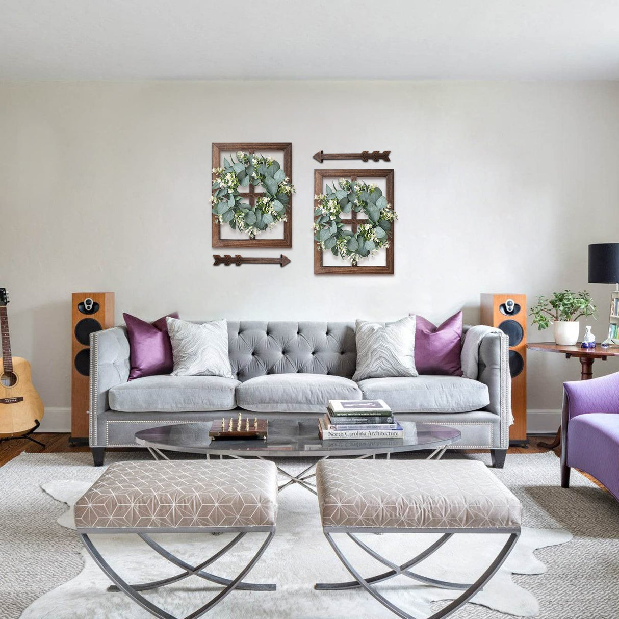 Rustic Wood Window Frame with Green Wreath and Arrows Wall Decor,Farmhouse Window Frame Hanging Decor,Wooden Fake Decoration,Window Pane Wall Decor,Set of 2 (Brown) WAKOSAN