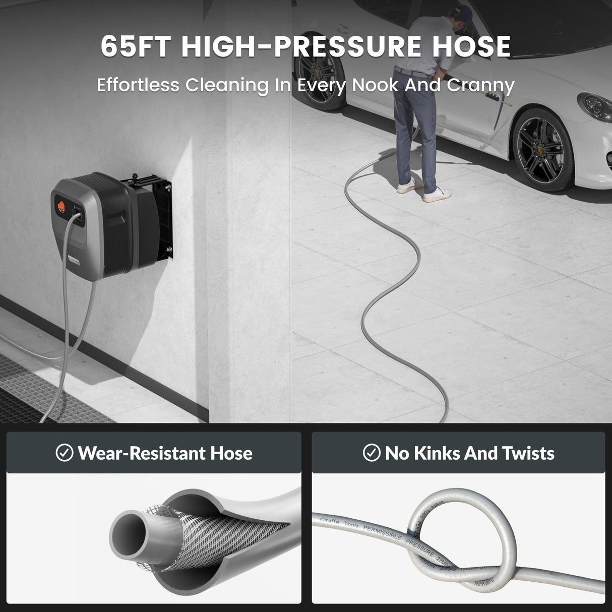 Giraffe Tools Grandfalls Pressure Washer G20 Pro, 2400 PSI 2.0 GPM, Wall Mounted Power Washer with 65FT Hose Reel, 4 Nozzles for Floor/Cars/Fences/Patios, Dark Silver Giraffe Tools