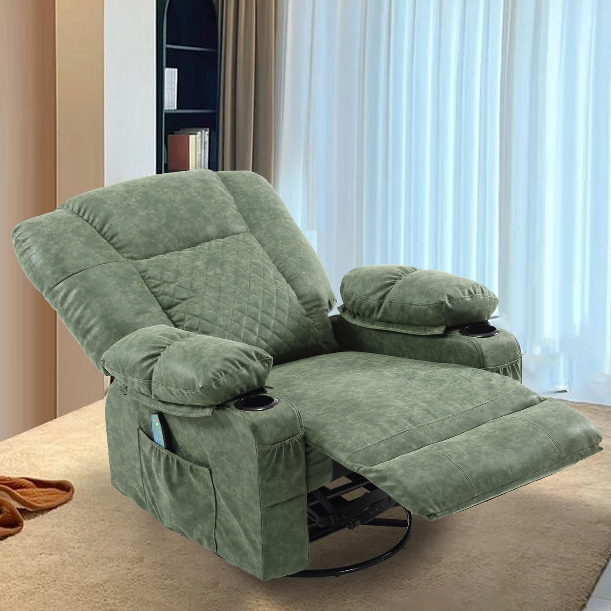 Swivel Rocker Recliner Chair for Adults with Vibration Massage, Overstuffed PU Leather Recliner with Lumbar Heat, Modern Manual Rocking Recliner with for Living Room, Home Theater, Dark Green Comermax