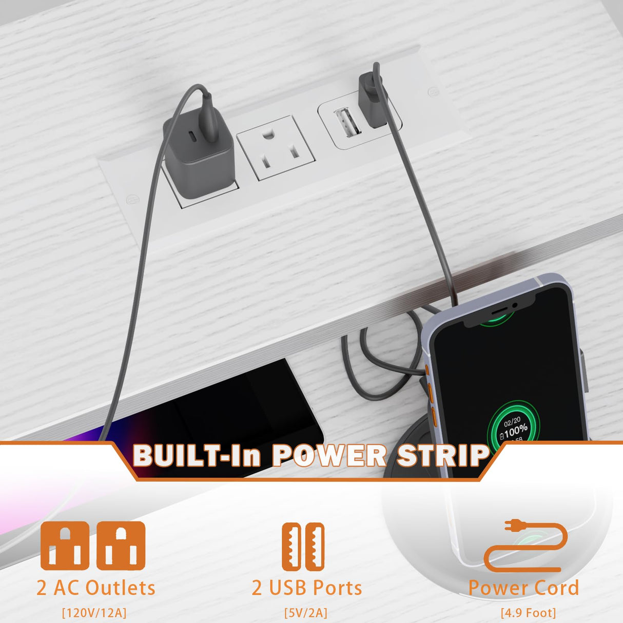 Furologee Computer Desk with 3 Drawers, 47 Inch Home Office Desks with Power Outlet and LED Light, Gaming Desk with Monitor Stand and Hutch, Modern Work/Writing/Study Table for Bedroom, White Furologee