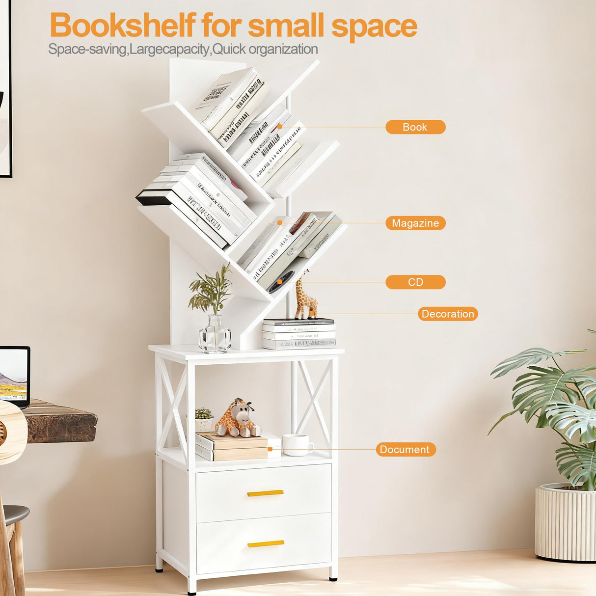 Lightdot Bookshelf with Double Drawer, 5 Shelf Tree Bookshelf, Wooden Bookshelves Storage Rack for CDs/Movies/Books, White Bookcase, Utility Organizer Shelves for Living Room, Bedroom Lightdot