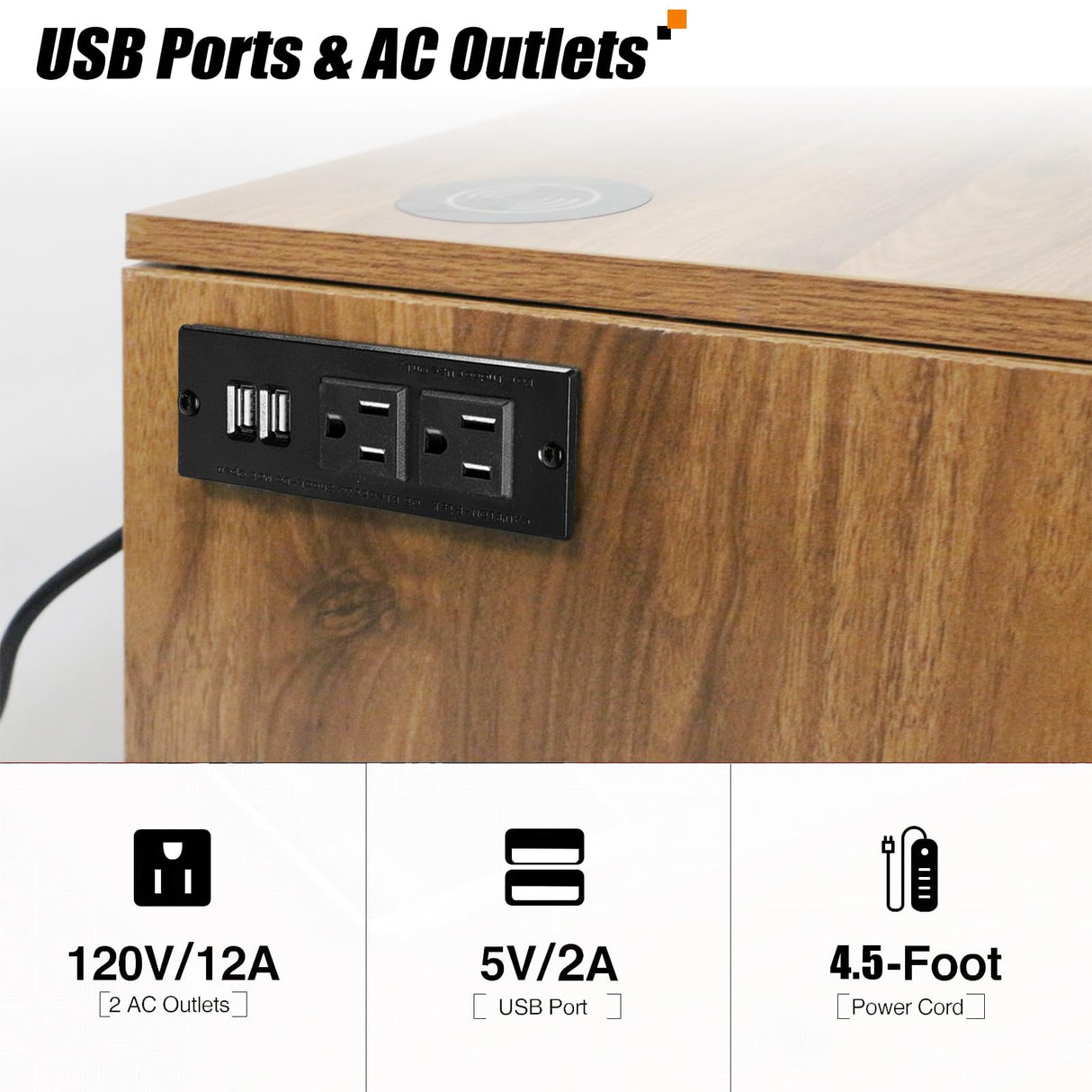 Wood Nightstand with Wireless Charging Station and Led Light - 20"W x 14"D x 24"H Mid Century Modern Nightstand with Charging Station, Walnut Nightstand with One Drawer, Outlet on Left,Solid Wood Legs Caredear