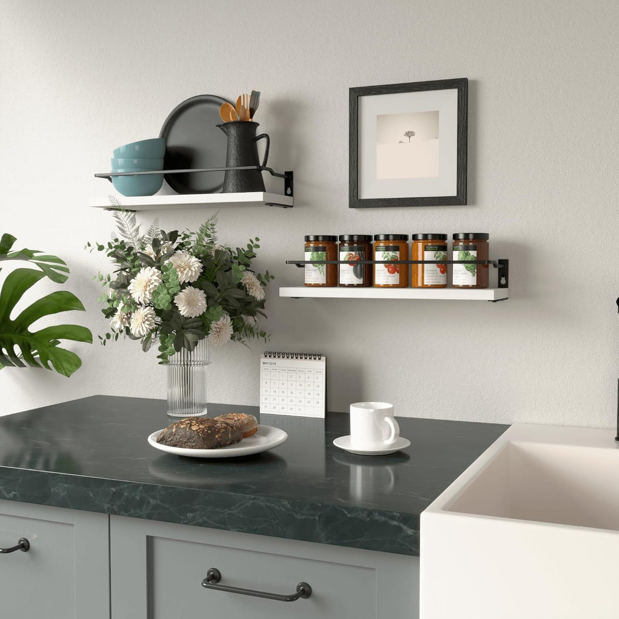 RICHER HOUSE White Bathroom Shelves, Small Floating Wall Mounted Shelf for Bathroom Decor, Guard-Rail Wood Shelving Organizer Over Toilet Kitchen Storage Shelves Set of 2 - White RICHER HOUSE