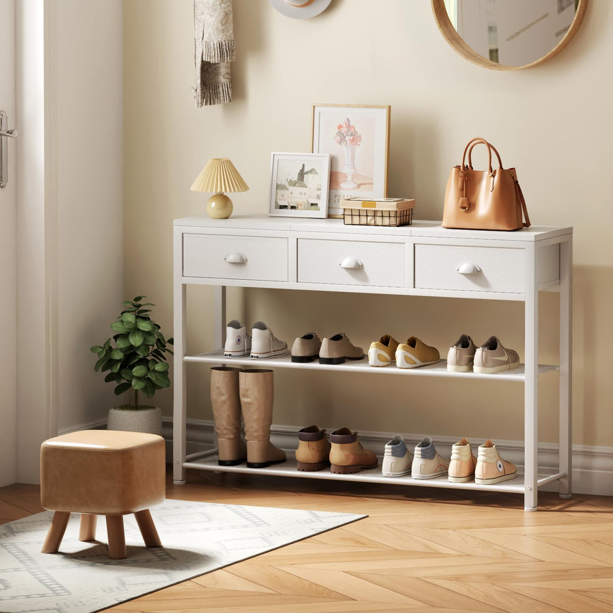 Furologee White Entryway Table, 38'' Console Sofa Table with 3 Fabric Drawers, Industrial Entry Way Table with Storage Shelves, Display Shelf for Living Room, Hallway, Entrance, Foyer Furologee